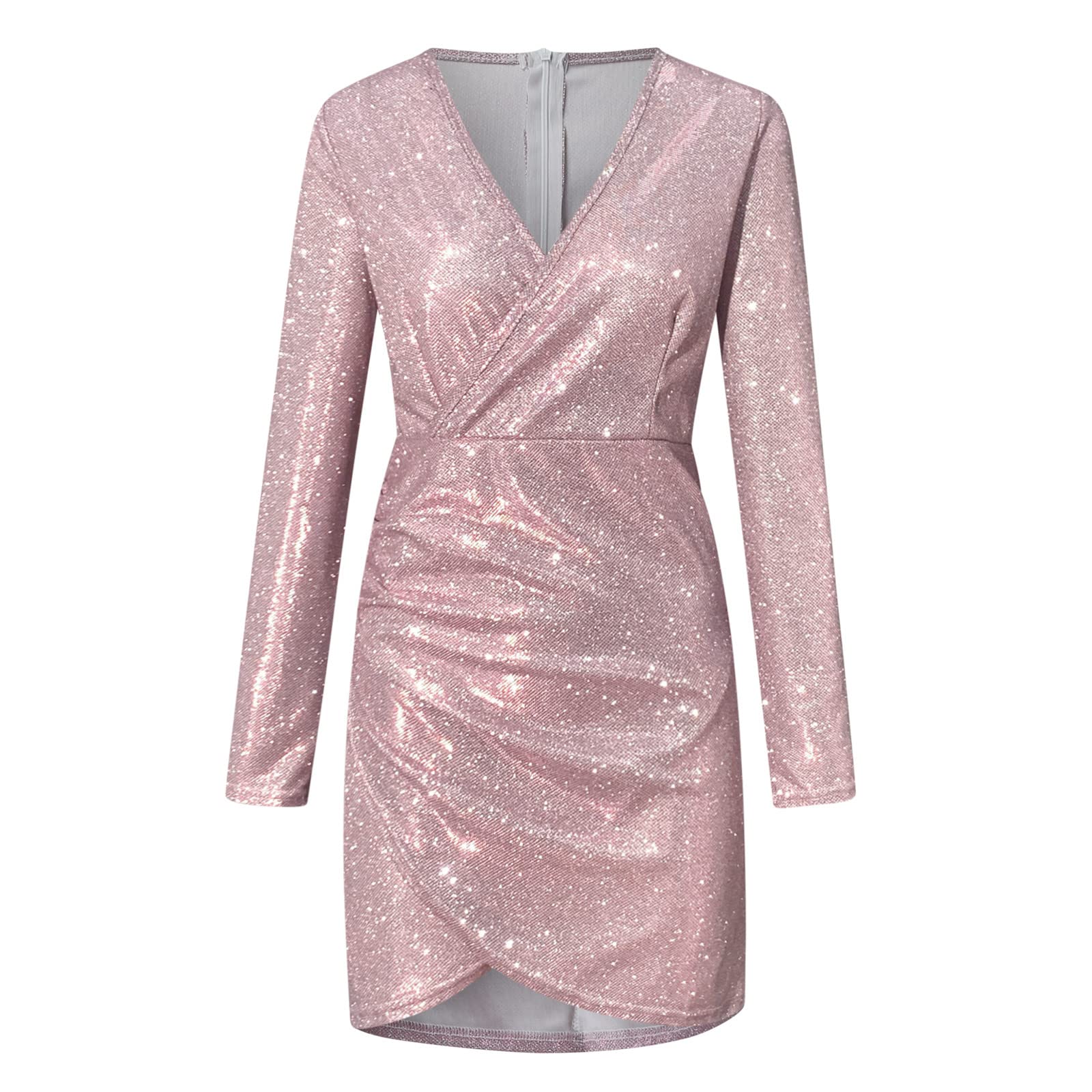 Sexy Glitter Mini Dress for Women - V-Neck Short Party Dress, Slim Fit Sequin Prom Dress with Long Sleeves, Elegant Pleated Wrap Design & Irregular Hem | Perfect for Cocktail Parties, Date Nights, and Special Occasions