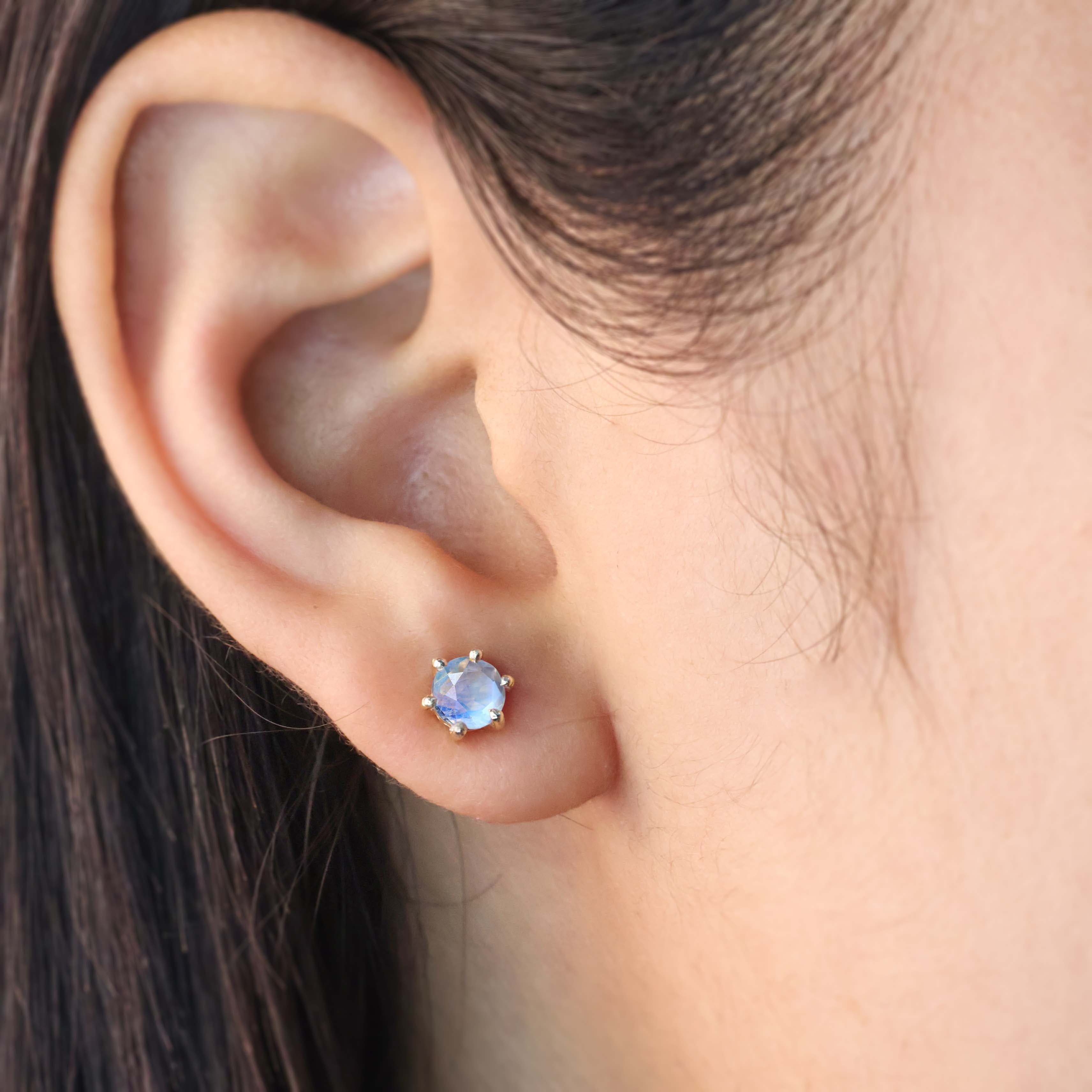 Rainbow Moonstone Stud Earrings - Round Sterling Silver Simple Studs for Women - Perfect for Everyday Wear, Gifts & Special Occasions