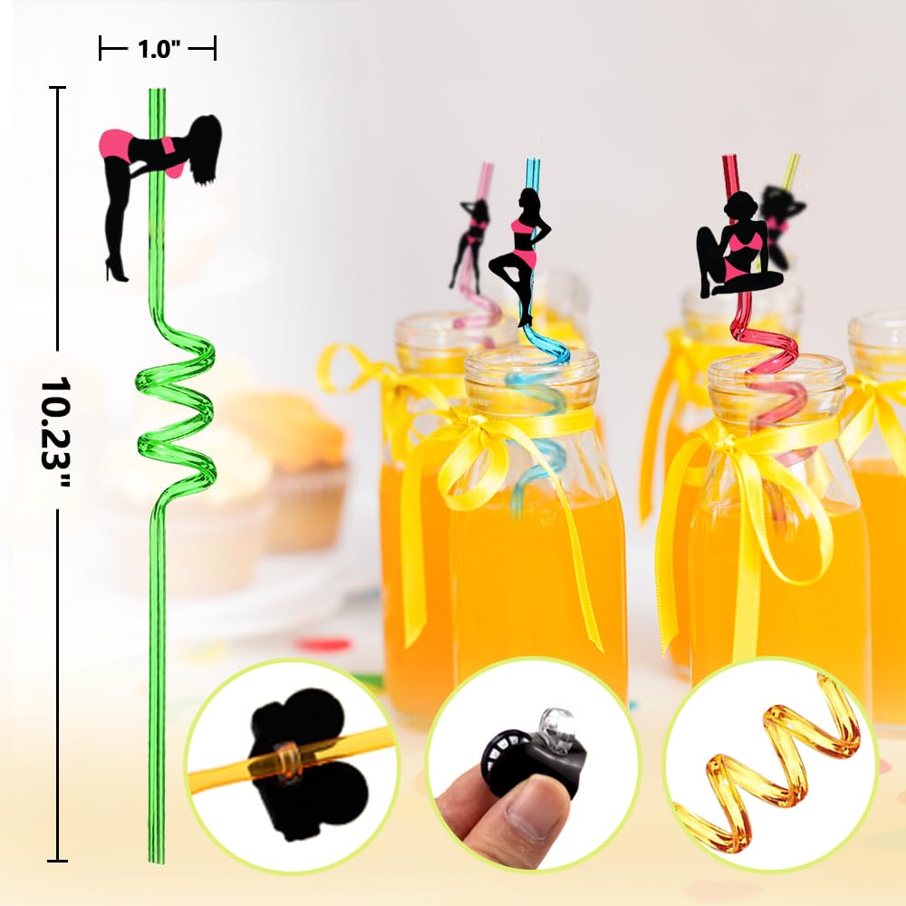 24pcs Pink Bachelorette Party Straws - Reusable Crazy Swirl Drinking Straws for Bachelorette, Bachelor & Mexican Themed Parties - Fun Mermaid Cocktail Straws for Naughty Party Supplies & Bodybuilding Events - Perfect for Girls Night Out, Bridal Showers & Themed Celebrations