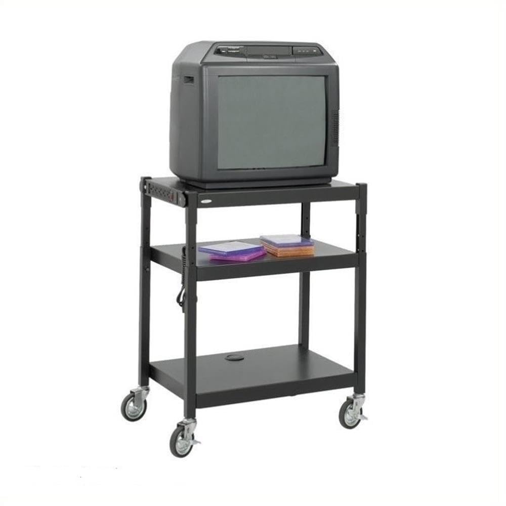 Black Steel Adjustable Height Mobile Media Cart with Wheels - Pemberly Row Rolling TV Stand for Living Room, Bedroom, or Office