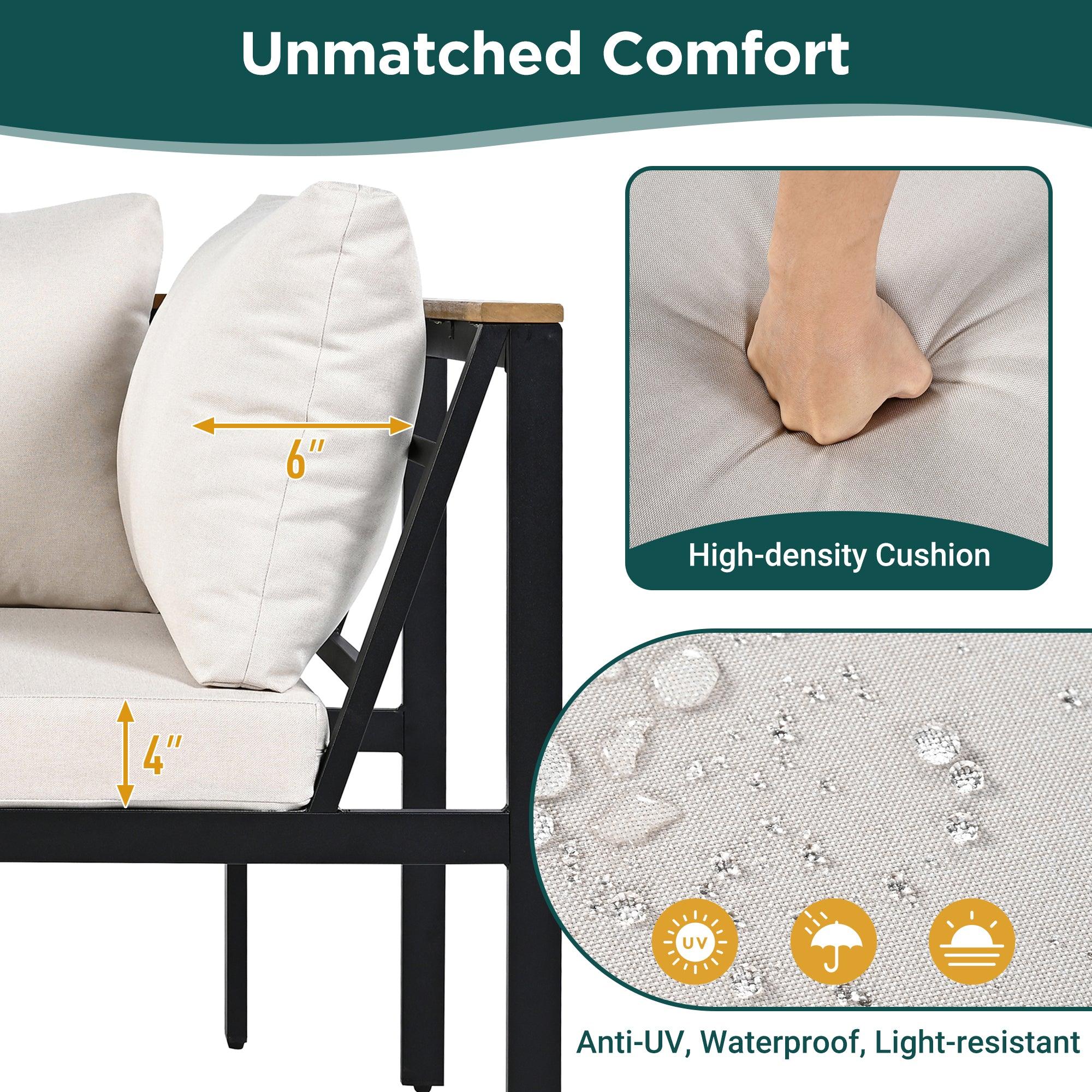 4-Piece Outdoor Patio Furniture Set with Loveseats & Waterproof Cushions - Durable Iron Wood Design for Garden, Backyard, Poolside - Perfect for Relaxing, Entertaining & Outdoor Dining