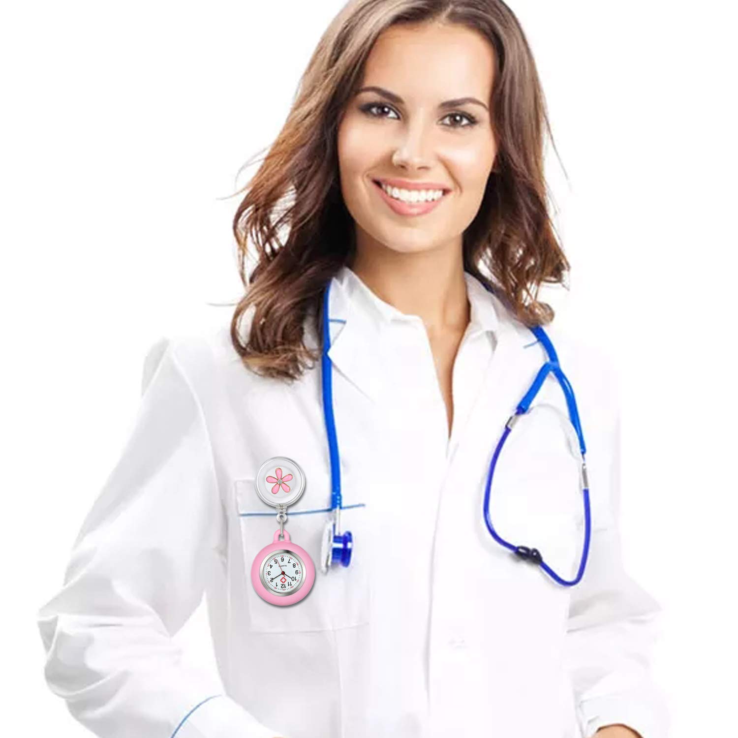 Lancardo Clip-On Nurse Watch for Doctors & Nurses - White Silicone Retractable Fob Watch with Cute Leaves Pattern - Perfect for Medical Professionals, Clinical Shifts & Healthcare Work