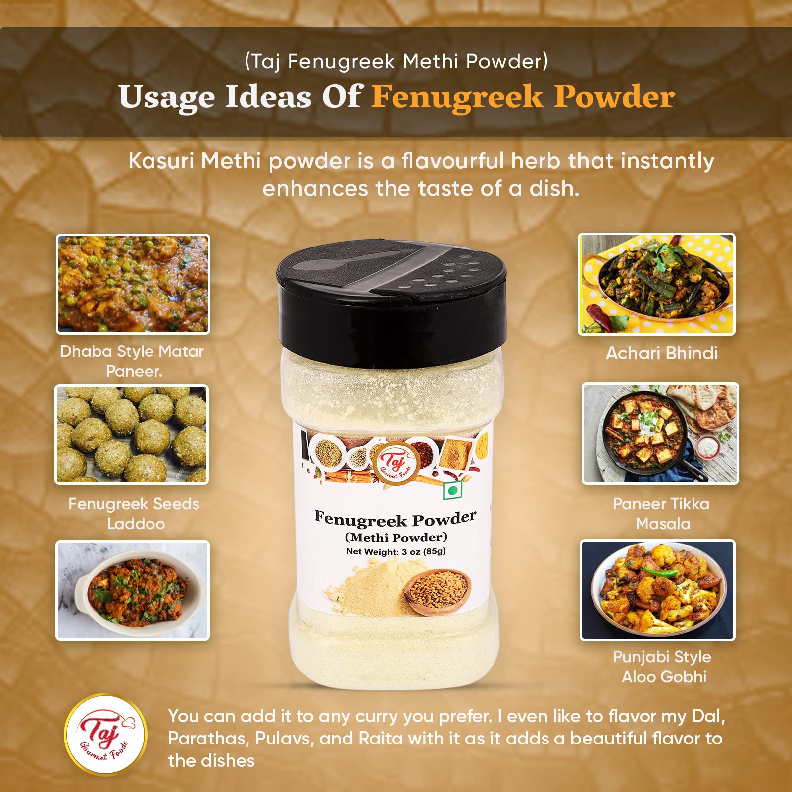 TAJ Premium Indian Methi Powder (Fenugreek Powder) - 14 Ounce | 100% Natural Spice for Cooking, Ayurvedic Remedies & Hair Care | Perfect for Curries, Teas & DIY Beauty Treatments