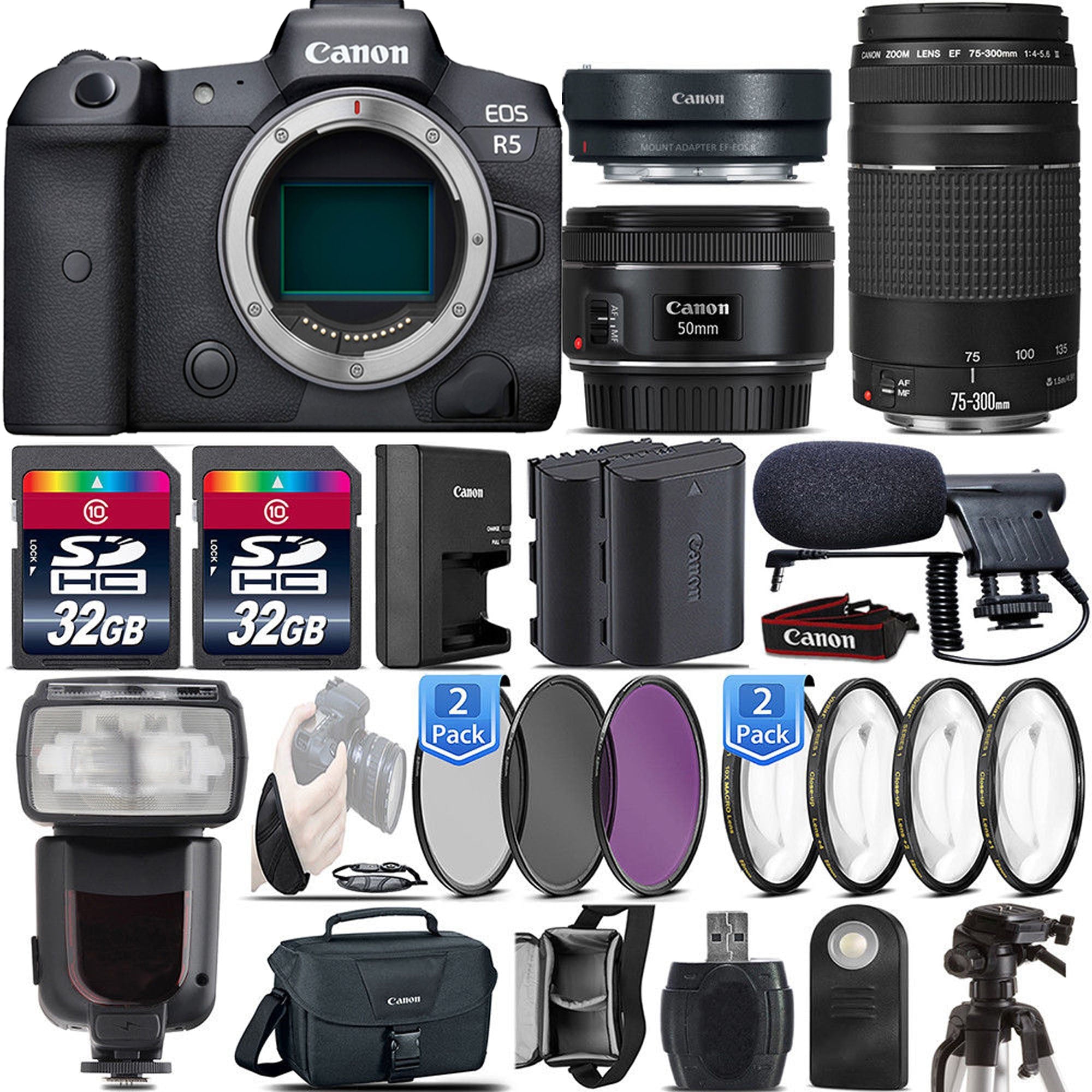 Canon EOS R5 Full Frame Mirrorless Digital Camera with RF 50mm f/1.8 STM Lens & EF 75-300mm f/4-5.6 III Lens - 64GB Memory Card Bundle - Professional Photography, Vlogging & Travel Shooting Kit