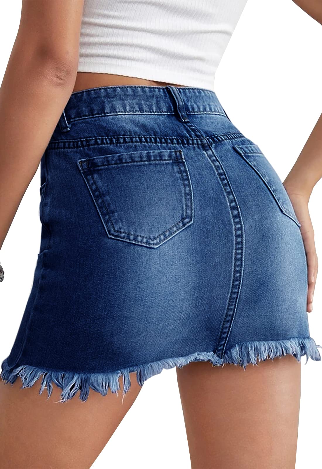 Women's High Waist Stretchy Denim Mini Skirt - Bodycon Washed Jean Skirt with Frayed Hem & Pockets | Casual Outfit for Party, Dating & Streetwear Fashion