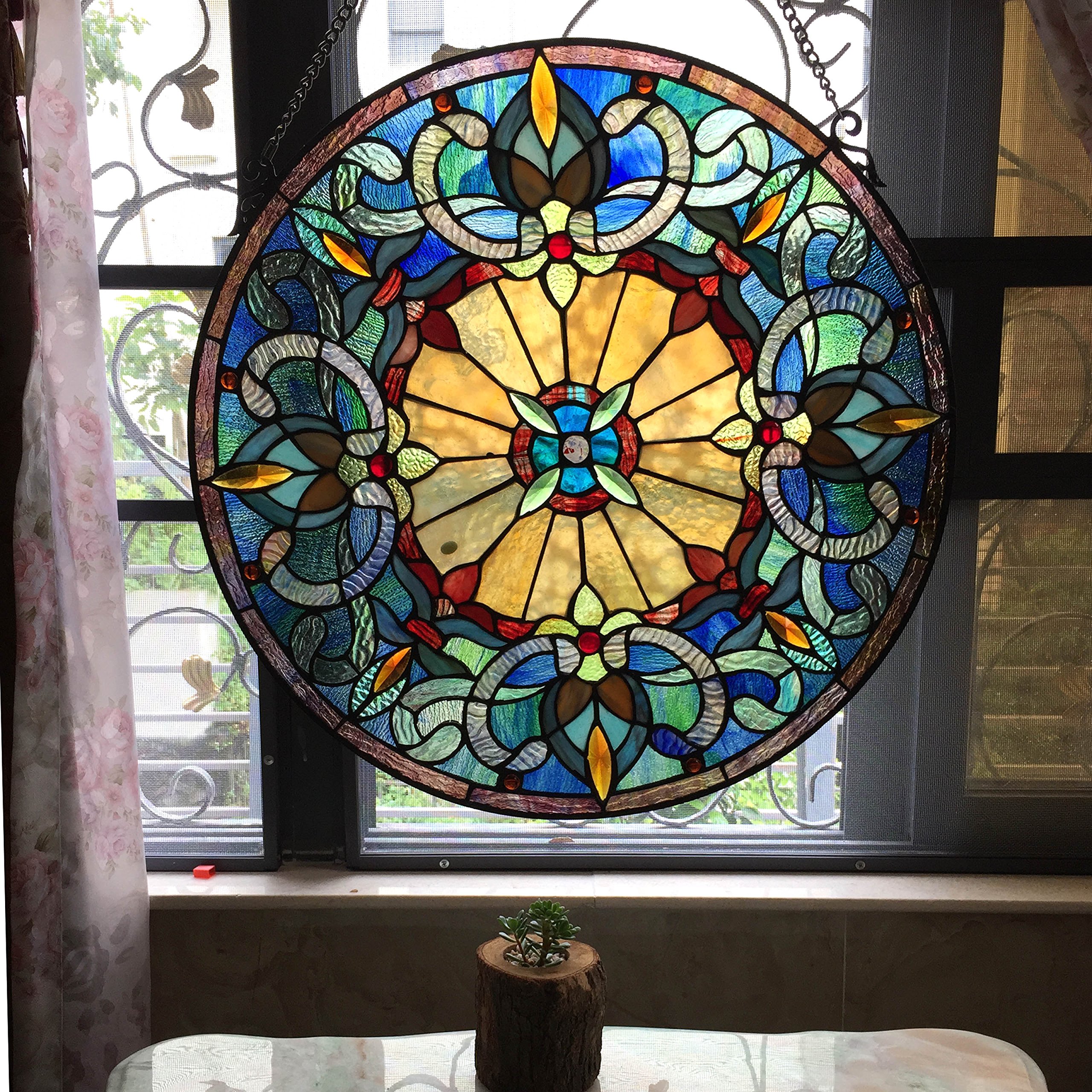 Tiffany-Style Stained Glass Victorian Window Panel - 22 Inch Handcrafted Art Glass Decor for Home, Church & Office