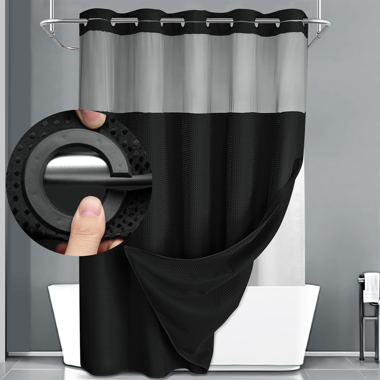 No Hook Black Waffle Shower Curtain with Snap-in Liner Set - 81