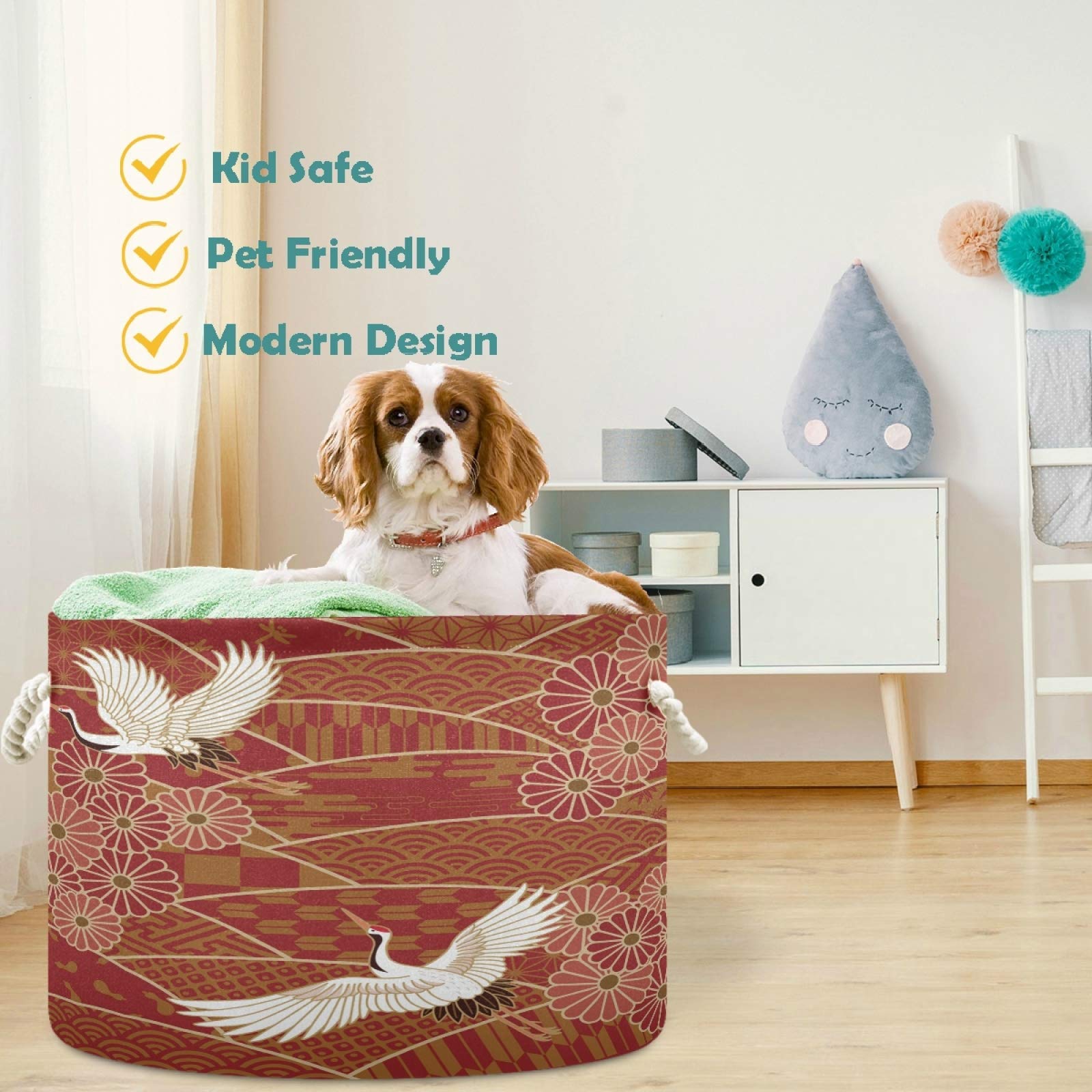 Visesunny Daisy Japanese Retro Wave Pattern Storage Basket - Waterproof Canvas Fabric Toy Organizer Bin for Nursery, Playroom, Shelves & Kids Room - Perfect for Laundry, Toys & Home Organization