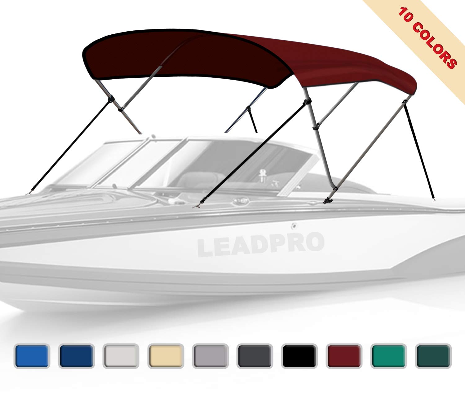 Leadpro 10 Color Options 13 Size Choices 3-4 Bow Bimini Top Boat Cover with 4 Adjustable Straps, Mounting Hardware & Storage Boot - Perfect for Pontoon, Fishing & Speed Boats Protection