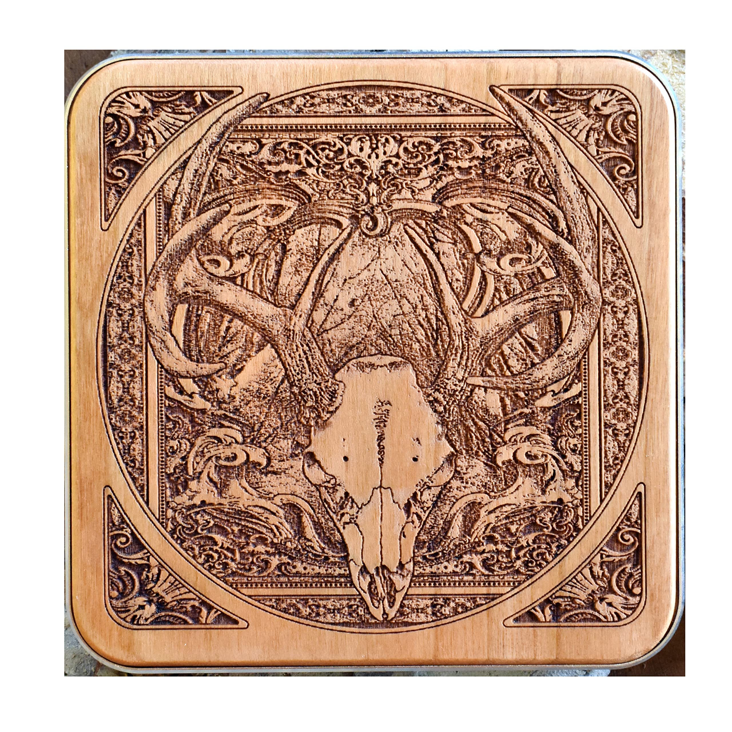 15W Fast Qi Wireless Charger Pad - Laser Engraved Deer Skull Design on Cherry Wood with Black Aluminum Base | Compatible with iPhone 16, Galaxy S25, S24 | Rustic Gothic Home & Office Desk Decor | Perfect for Bedside, Living Room, and Workspace Charging