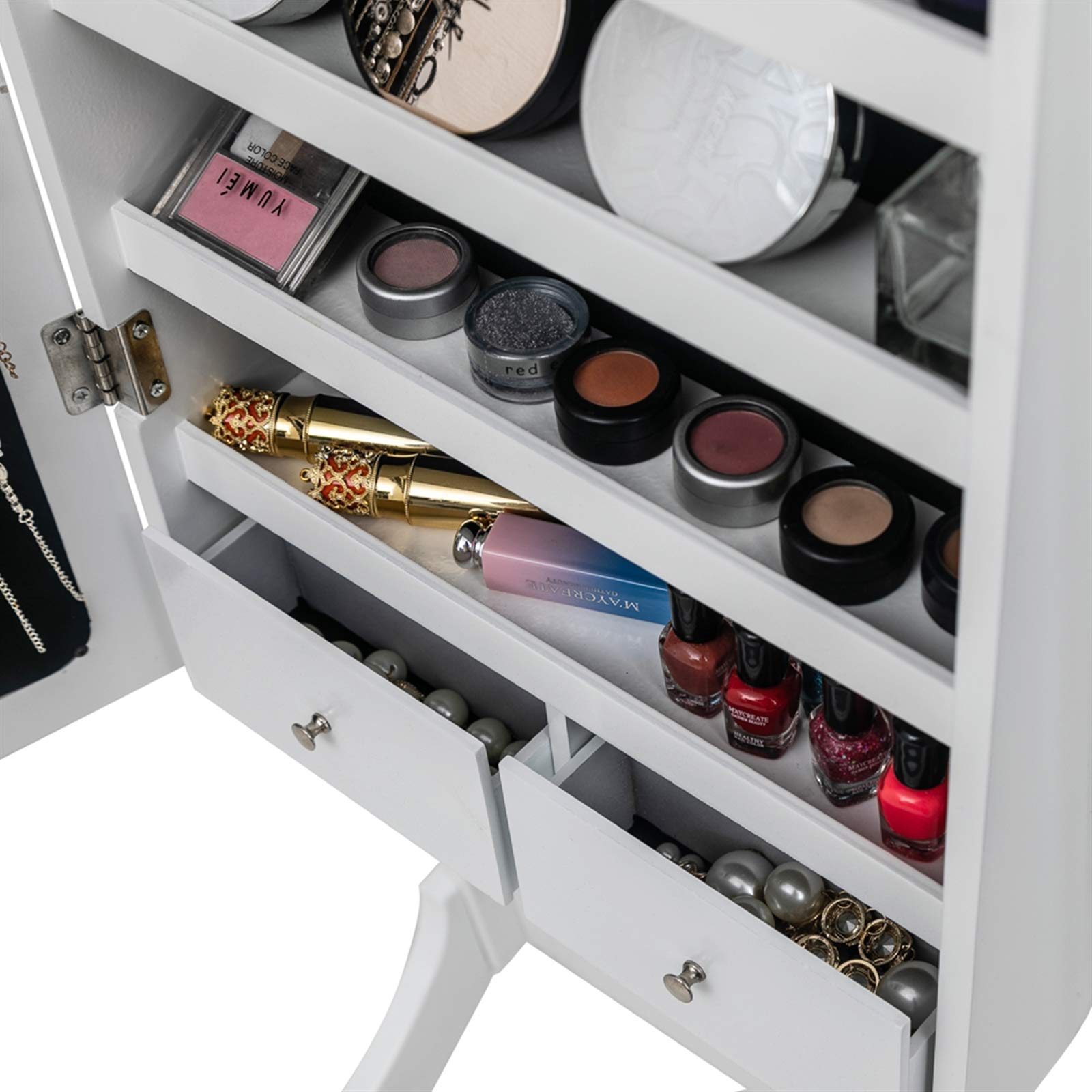 Full Length Mirror Jewelry Cabinet Armoire with Lock - Standing Jewelry Organizer Storage with Inner Mirror (White) - Perfect for Bedroom, Closet & Dressing Room Organization