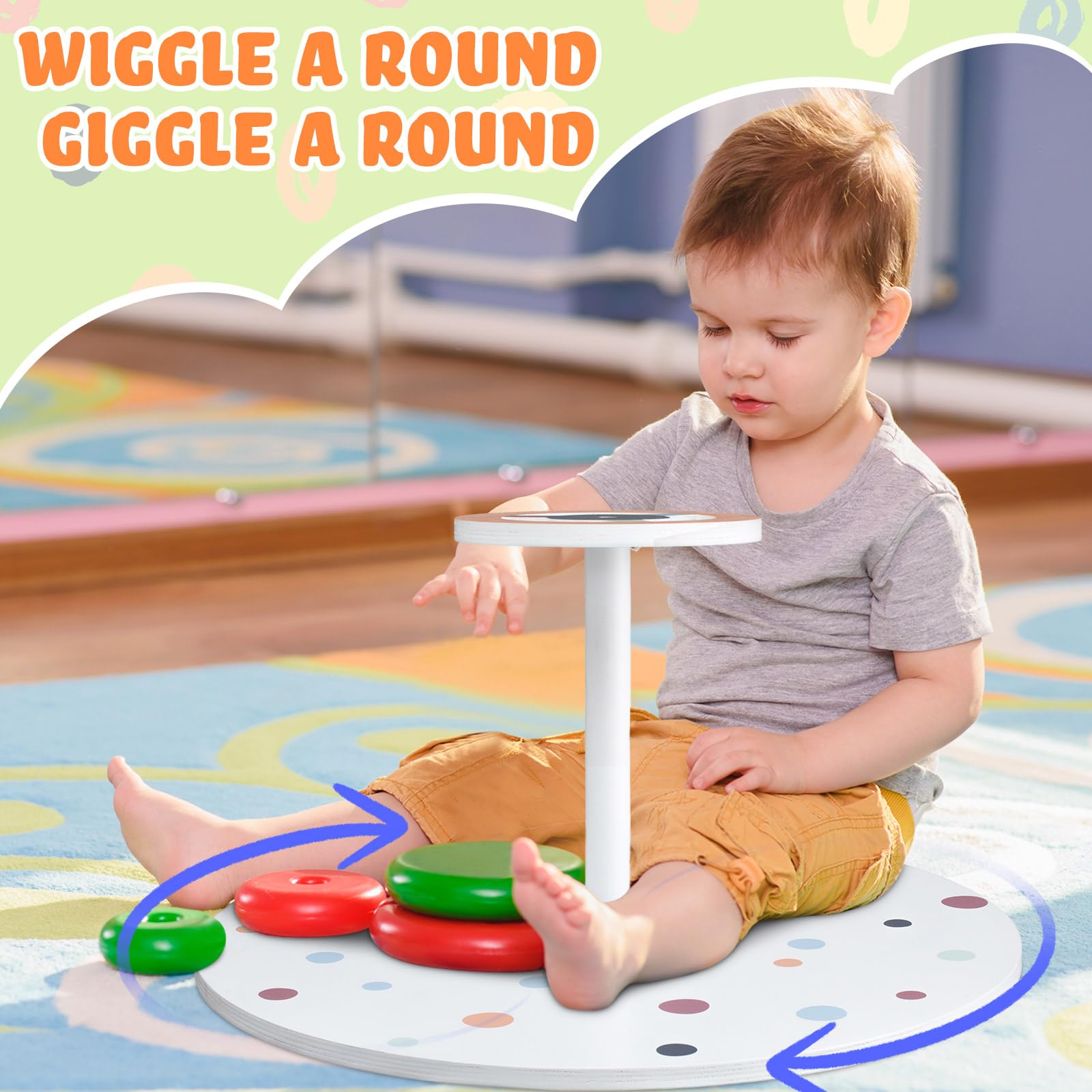 Briwooody Large 21.65 Inch Wooden Sit and Spin Toy for Toddlers & Kids - Spinning Activity Chair with Boho Polka Dot Design - Perfect Gift for Boys and Girls - Fun Indoor Play for Birthday Parties, Preschool Learning & Sensory Development
