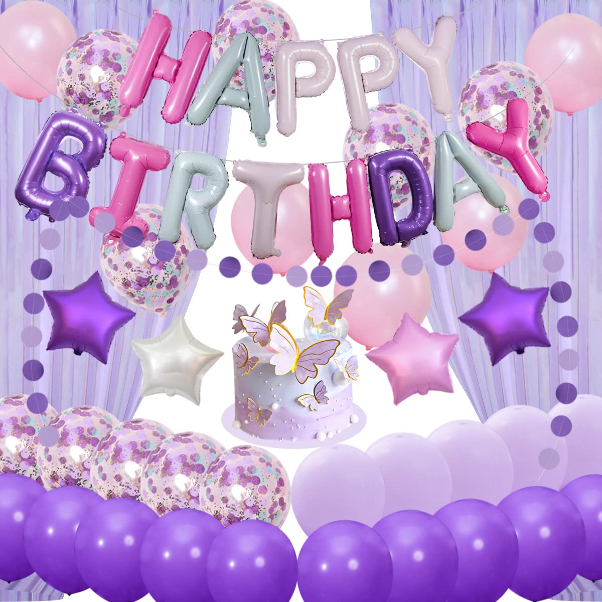 Pink and Purple Birthday Party Decorations Kit - Happy Birthday Banner, Confetti Balloons, Cake Toppers & Paper Streamers for Women & Girls | Perfect for Birthday Celebrations, Baby Showers & Special Events