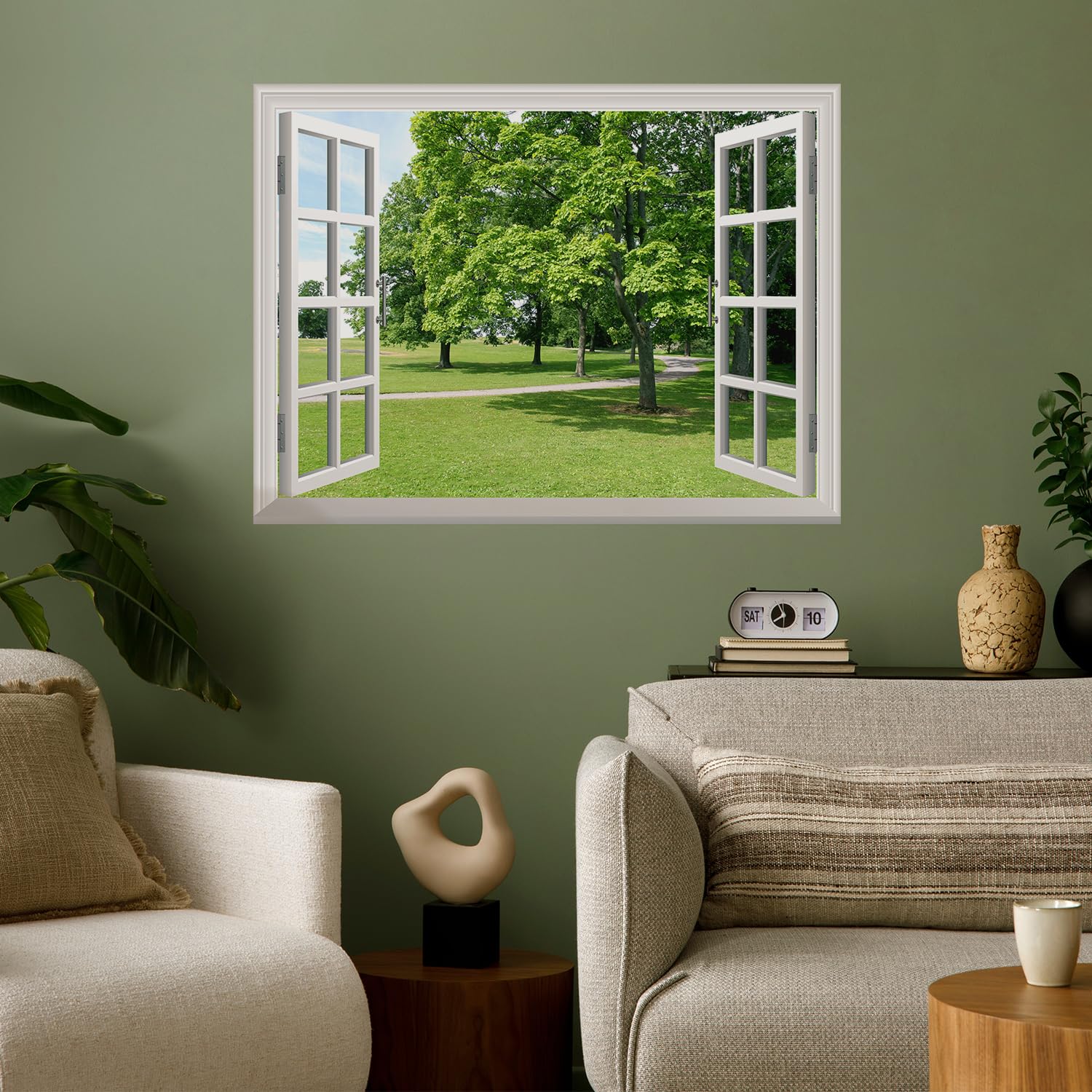 Wall26 Removable Peel and Stick Wall Mural - Green Tree Park Landscape Window View Wall Art Decor (24x32 inches) for Living Room, Bedroom, Nursery & Office