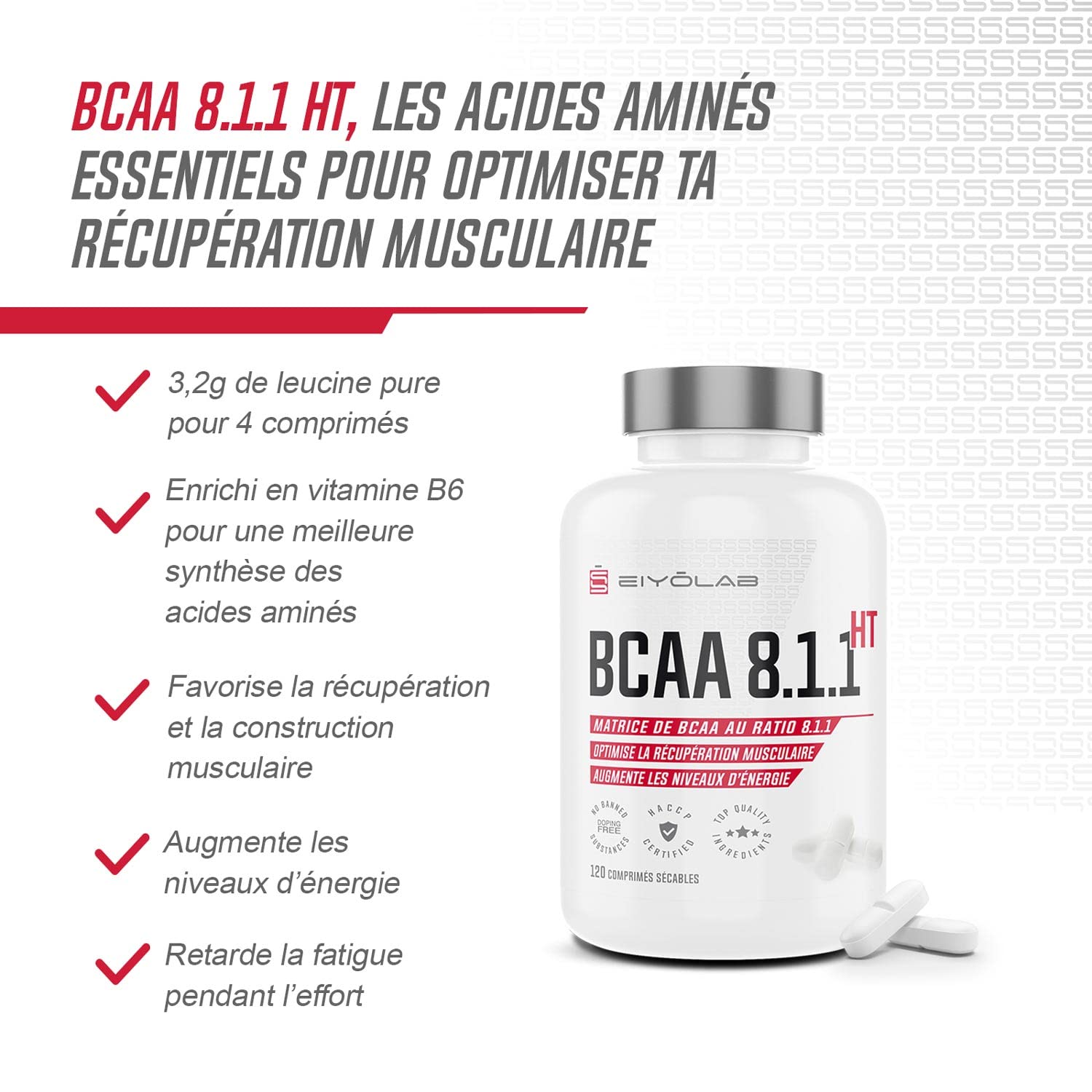 BCAA 8.1.1 Amino Acid Tablets with Vitamin B6 - 1g per Tablet for Muscle Growth & Recovery - Reduces Lactic Acid - 120 Count by Eiyolab | Perfect for Post-Workout Recovery & Athletic Performance Enhancement