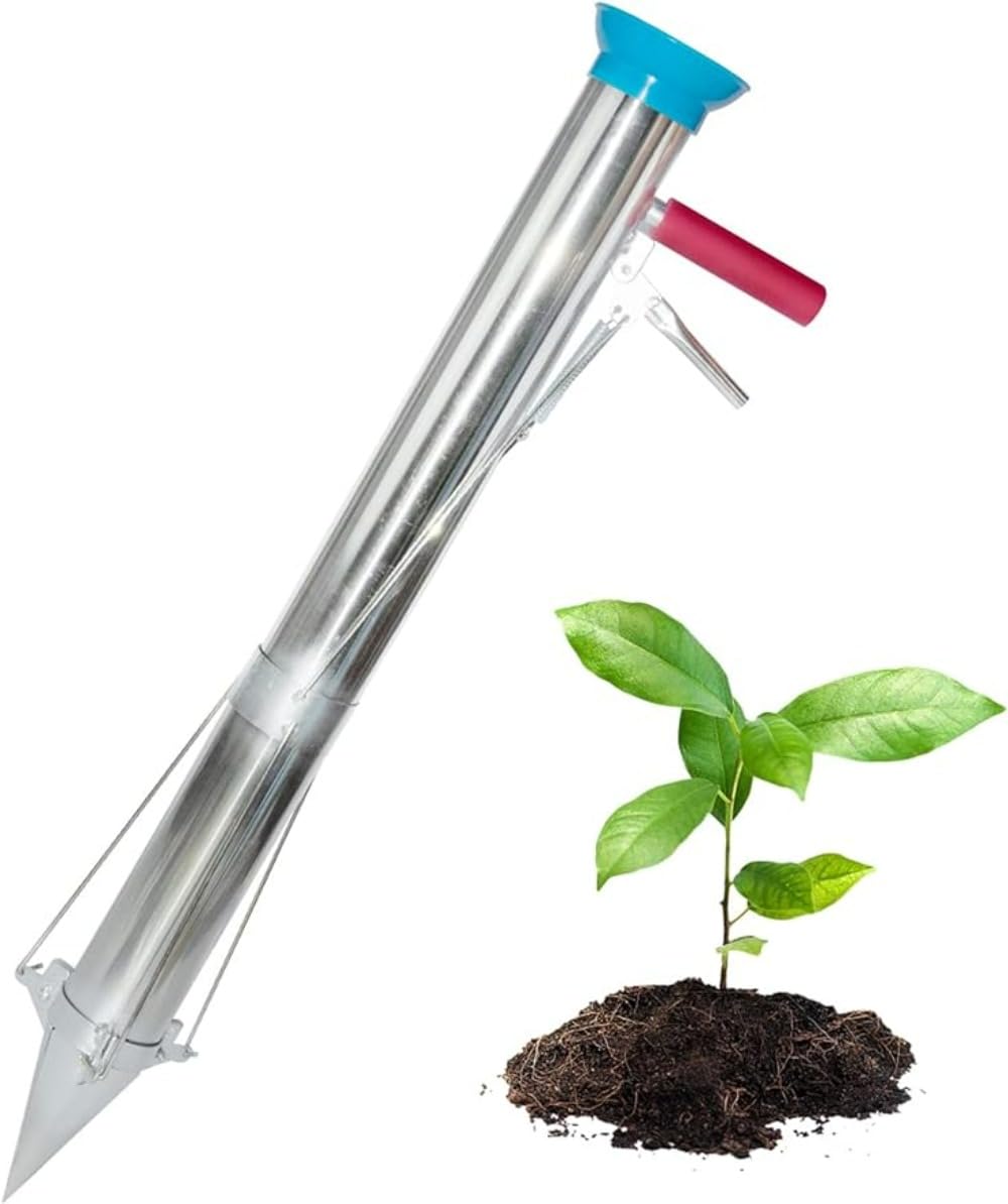 ARKEM Stainless Steel Garden Planting Tools - Long Handle Bulb Planter & Vegetable Transplanting Tool for Outdoor Gardening, Farming, and Landscaping - Perfect for Planting Flowers, Vegetables, and Young Plants in Your Backyard or Rural Garden (Single Handle)