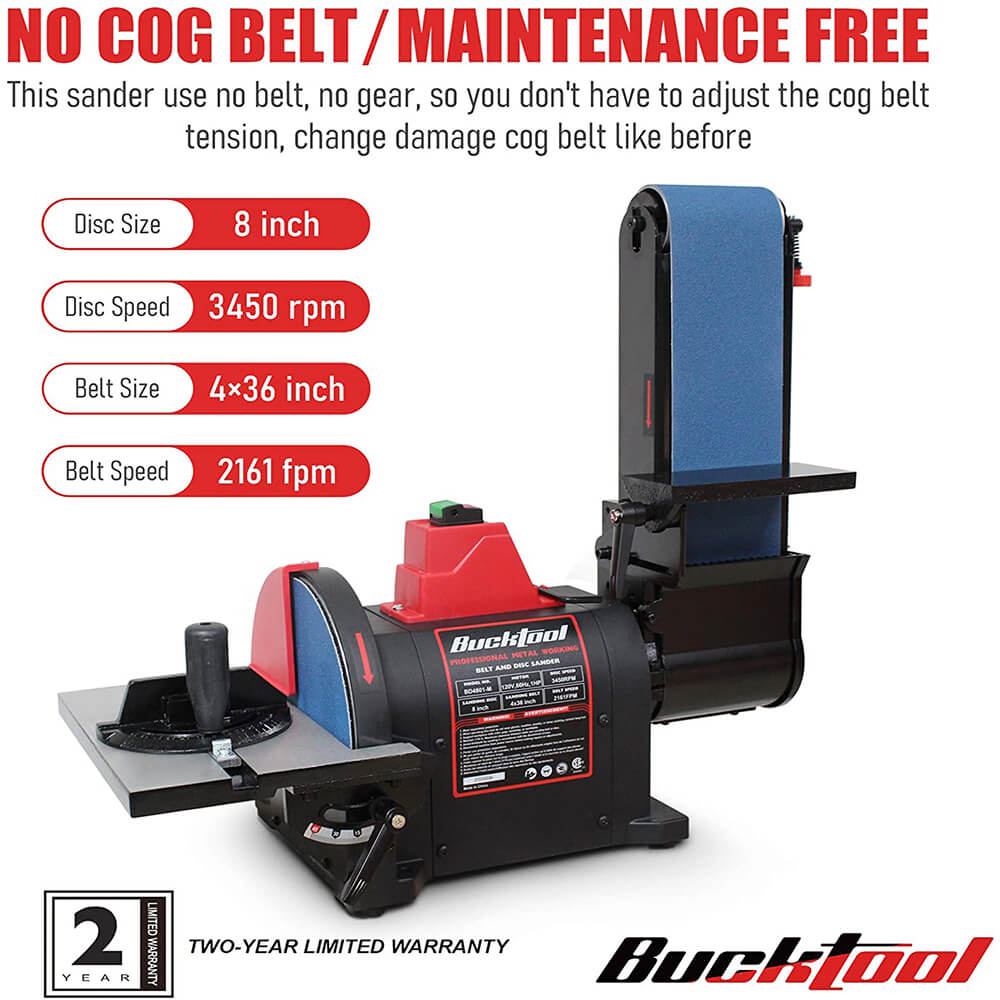 BUCKTOOL BD4801 4x36 Inch Belt Sander & 8 Inch Disc Sander Combo - Heavy Duty Metal Woodworking Bench Grinder for Sanding, Polishing, Sharpening - Perfect for DIY Projects, Metal Fabrication & Woodworking Workshops