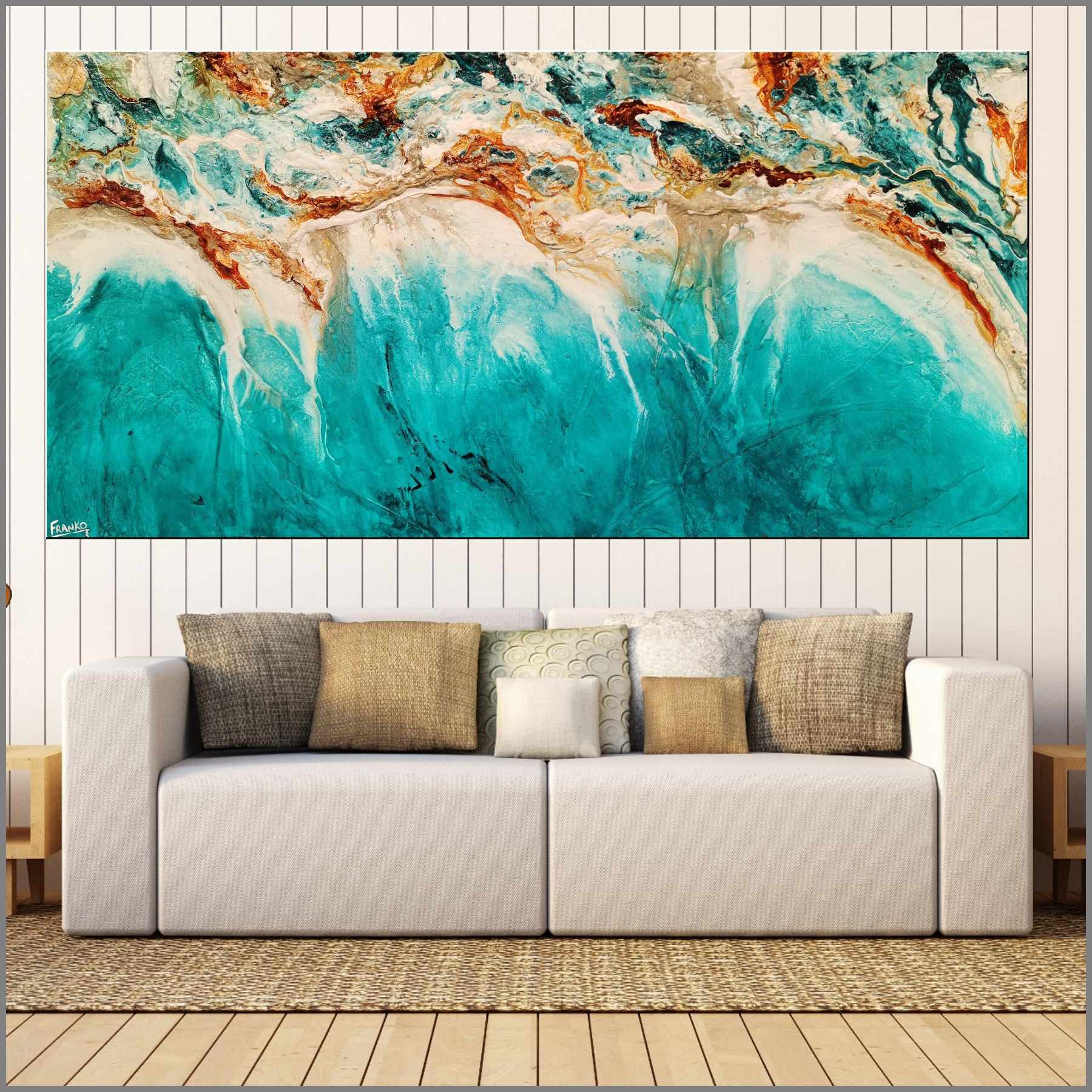 Ocean Surf Mist 240cm x 120cm Turquoise Rust White Textured Abstract Canvas Wall Art - Perfect for Beach House Decor, Living Room Accent & Modern Office Wall