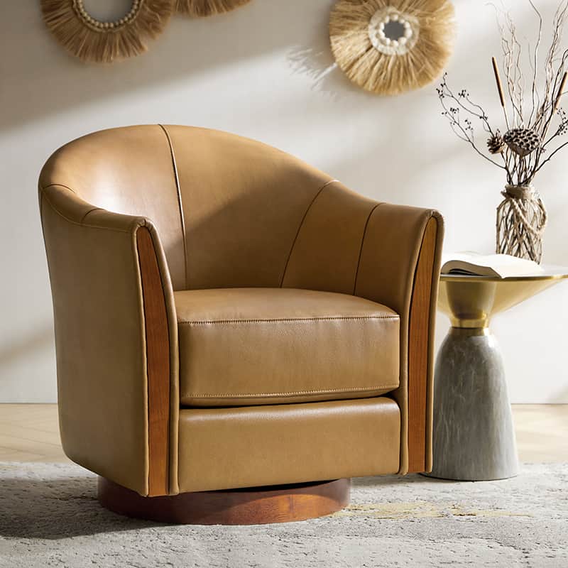 Clara Genuine Leather Swivel Barrel Chair with Solid Wood Base - Stylish Home Office & Living Room Accent Chair for Comfortable Seating