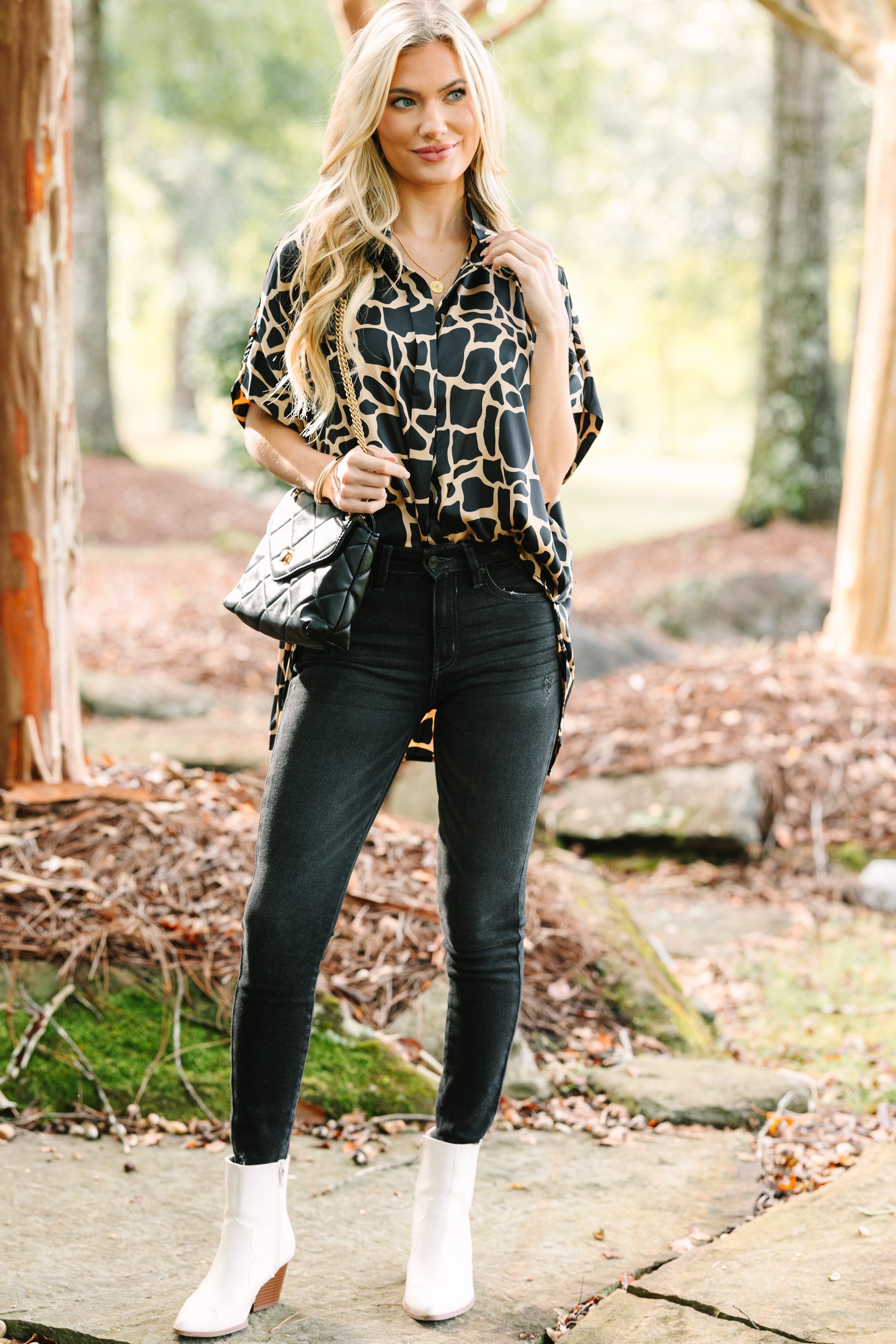 Stylish Black Giraffe Print Blouse for Women - Trendy Animal Print Top for Casual Wear, Office & Date Nights