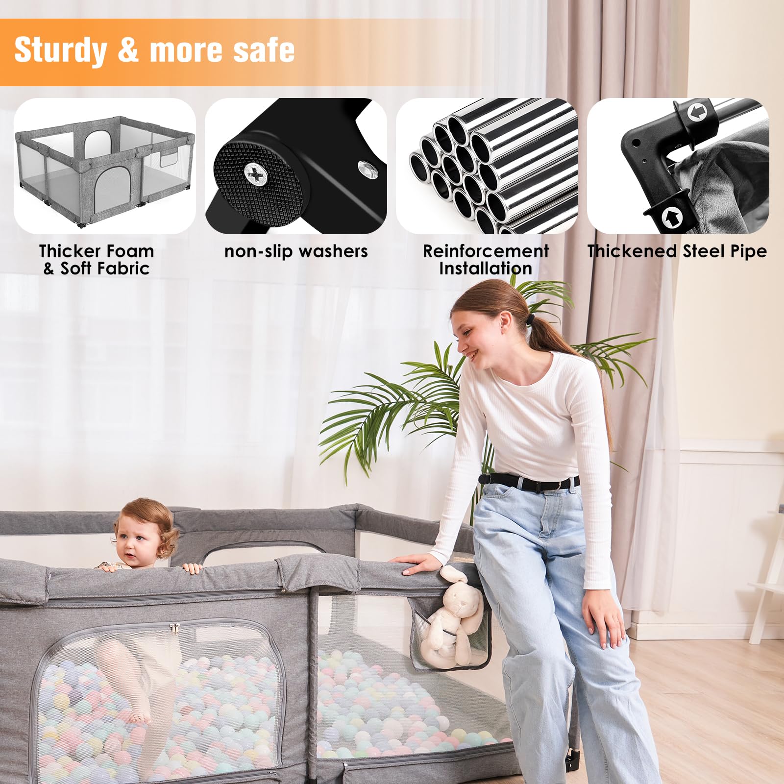 Foldable Baby Playpen with Gate - Extra Large Collapsible Play Yard for Babies & Toddlers - Portable Travel Play Pen with Safety Fence - Safe Activity Center for Indoor & Outdoor Use (59
