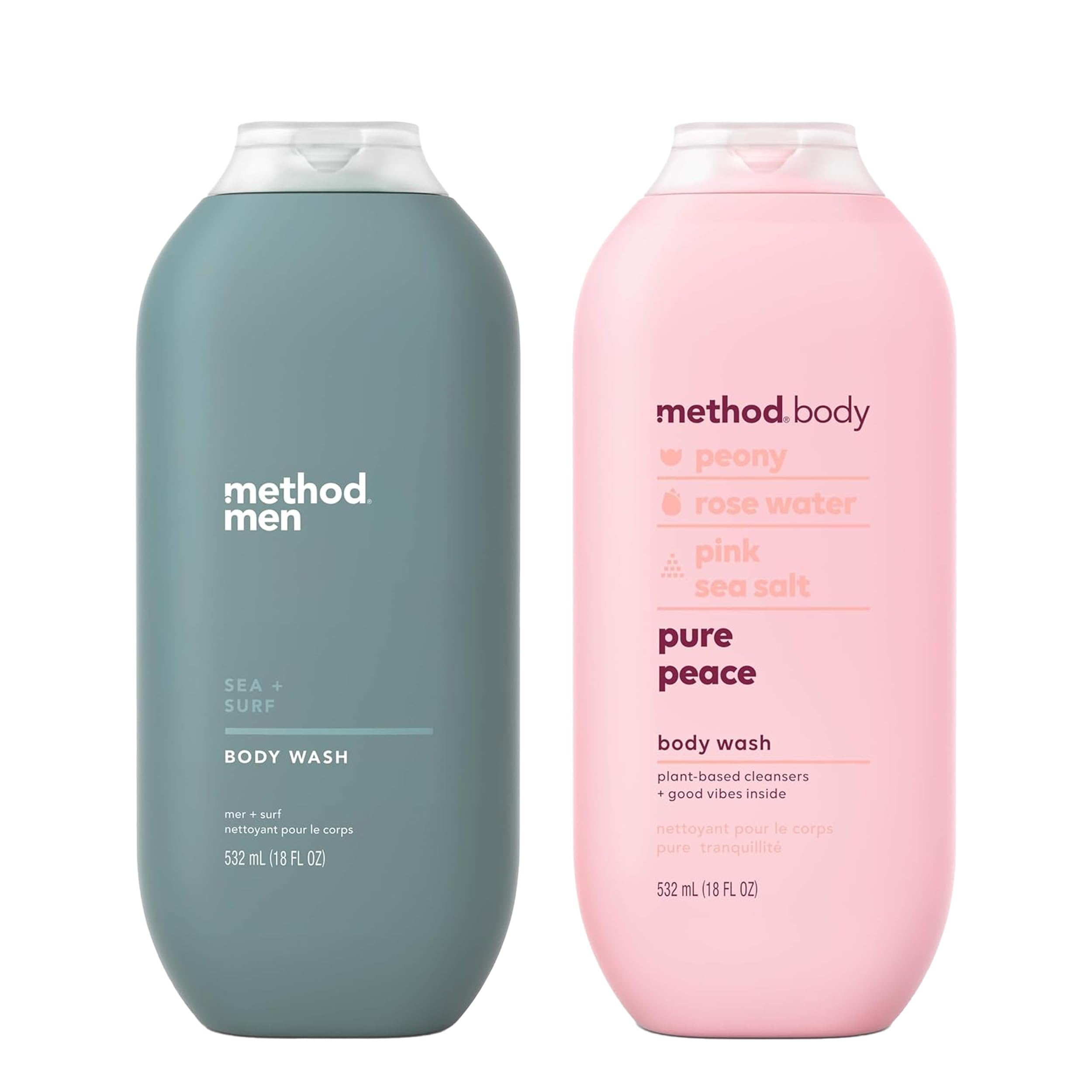 Method Sea + Surf & Pure Peace Body Wash Bundle - 18 oz Each (Pack of 2) | Refreshing & Hydrating Shower Gel for Men & Women | Perfect for Daily Use, Gym, Travel & Gift Sets