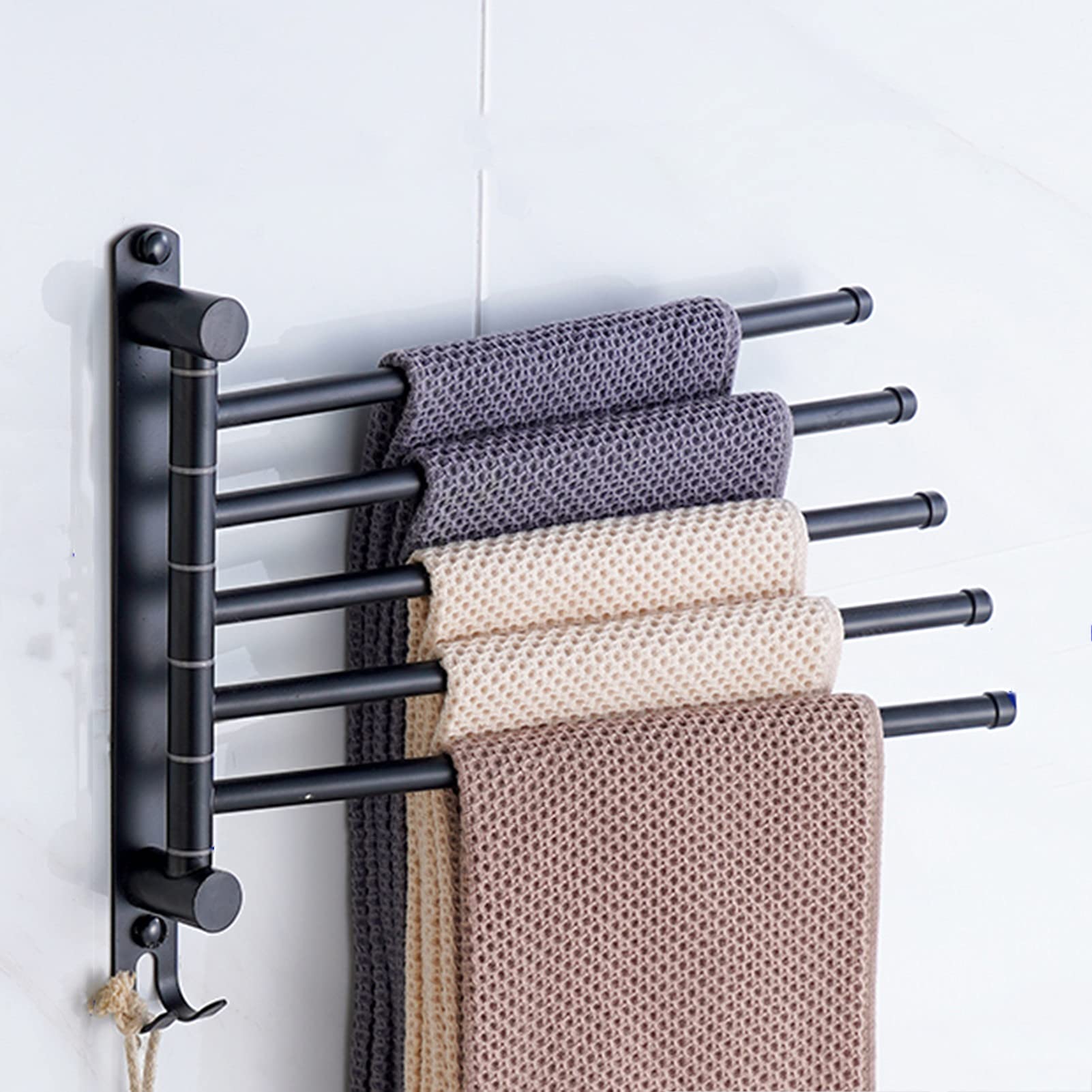 DCFV Wall-Mounted Swivel Towel Rack with Shelf - 5 Arms Space Saving Bathroom Organizer for Towels, Robes & Kitchen Linens - Perfect for Bathroom, Poolside, Spa & Laundry Room Storage