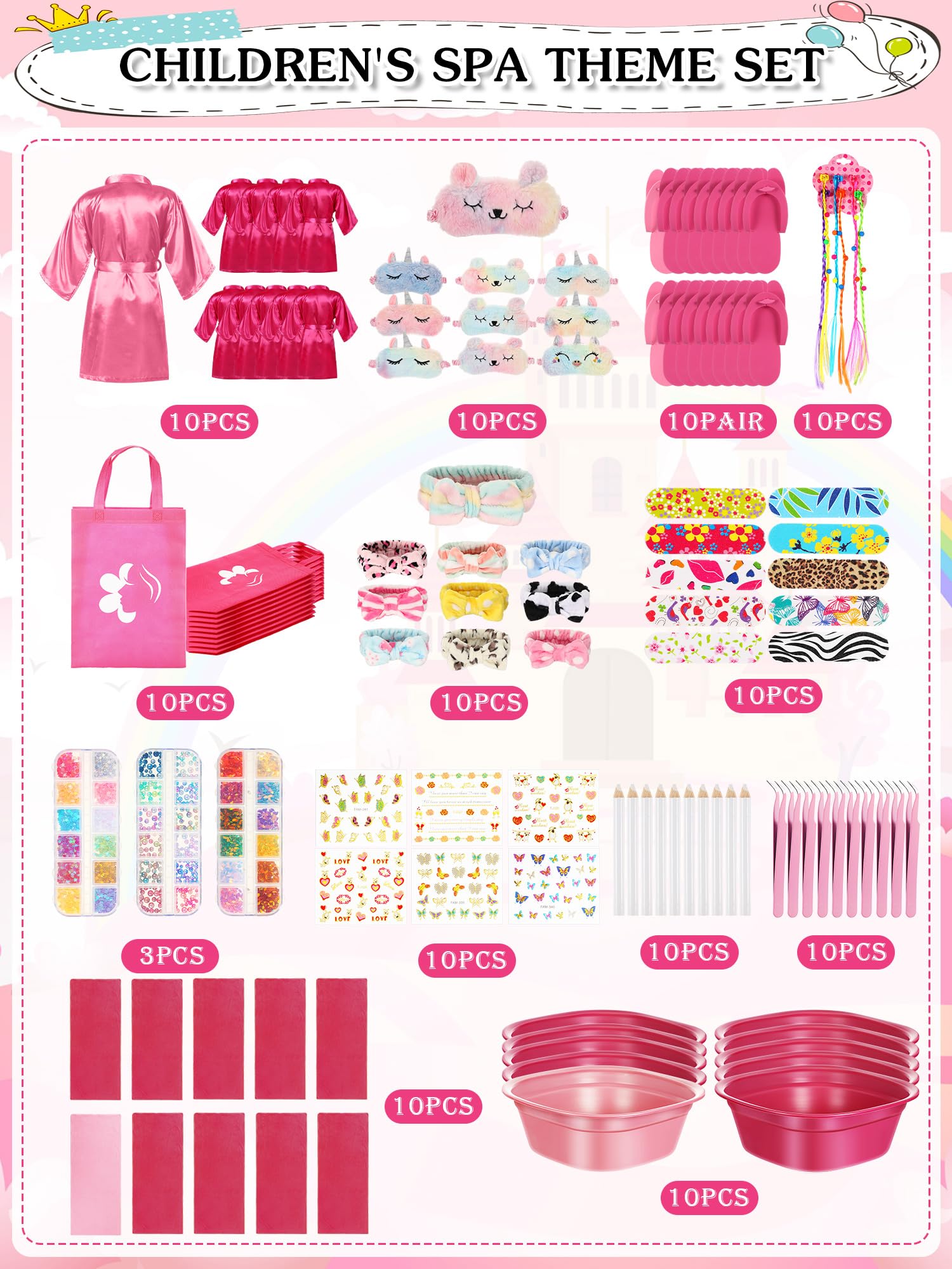 Suhine 10-Piece Kids Spa Party Set - Girls Satin Robes & Nail Salon Kit for Birthday Party Favors | Perfect for DIY Spa Day, Sleepovers & Birthday Celebrations