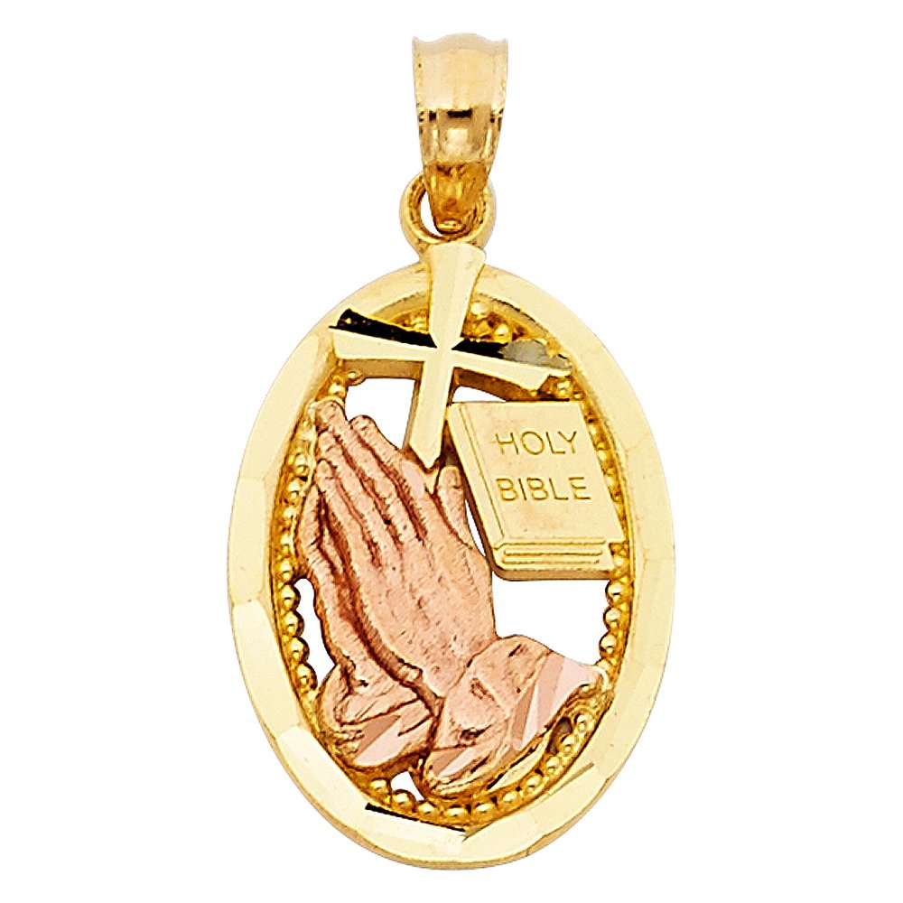 14K Two Tone Gold Religious Praying Hands Pendant Necklace - Inspirational Jewelry for Prayer & Faith - Perfect for Church, Daily Wear & Gifts
