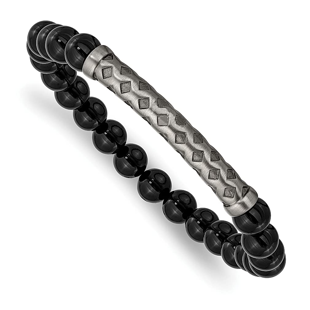 ICE CARATS Adjustable Stainless Steel & White Bronze Plated 8.5mm Black Agate Stretch Bracelet - 7.75 Inch Natural Stone Shell Wood Wrap Bracelet for Men | Perfect Gift for Dad, Husband & Boyfriend | Ideal for Casual Wear, Office & Special Occasions
