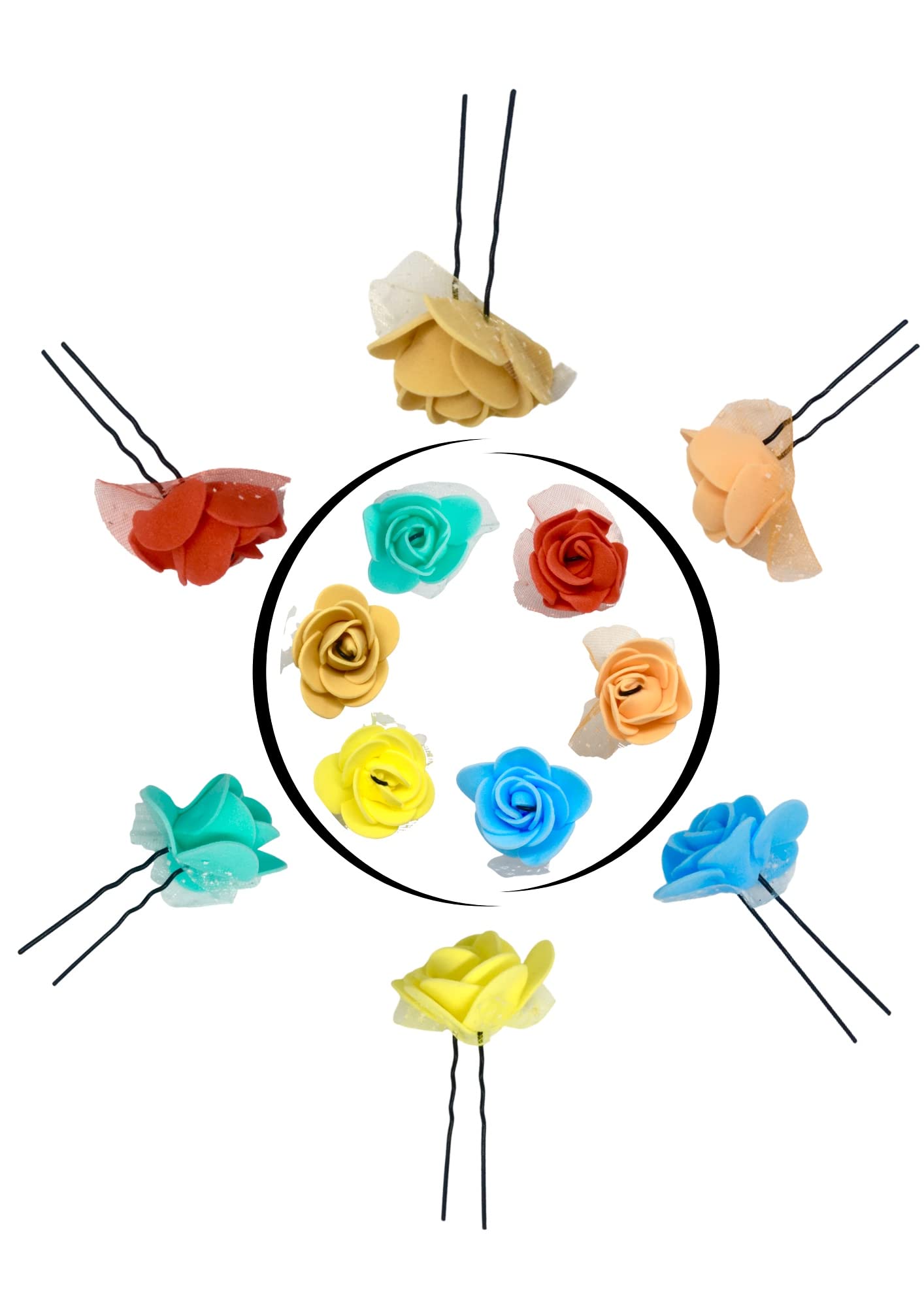 Quarya U-Shaped Hair Pins for Women - 12 Pack Metal Bun Pins with Rose Flowers, Black Multi-Color Hair Accessories | Perfect for Updos, Buns, Braids & Wedding Hairstyles