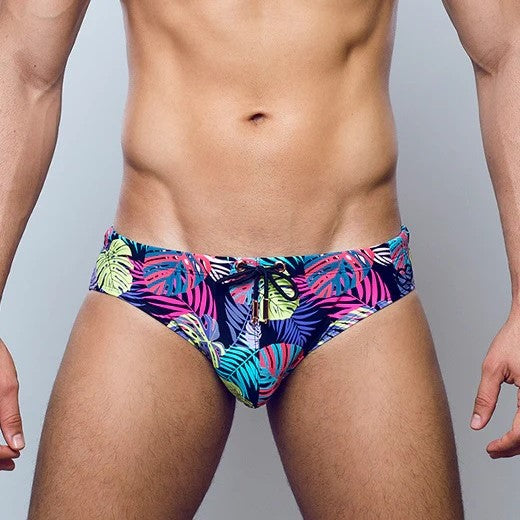 2eros Monstera Swim Brief for Men - Black Quick Dry Swim Trunks for Beach, Pool & Gym Workouts