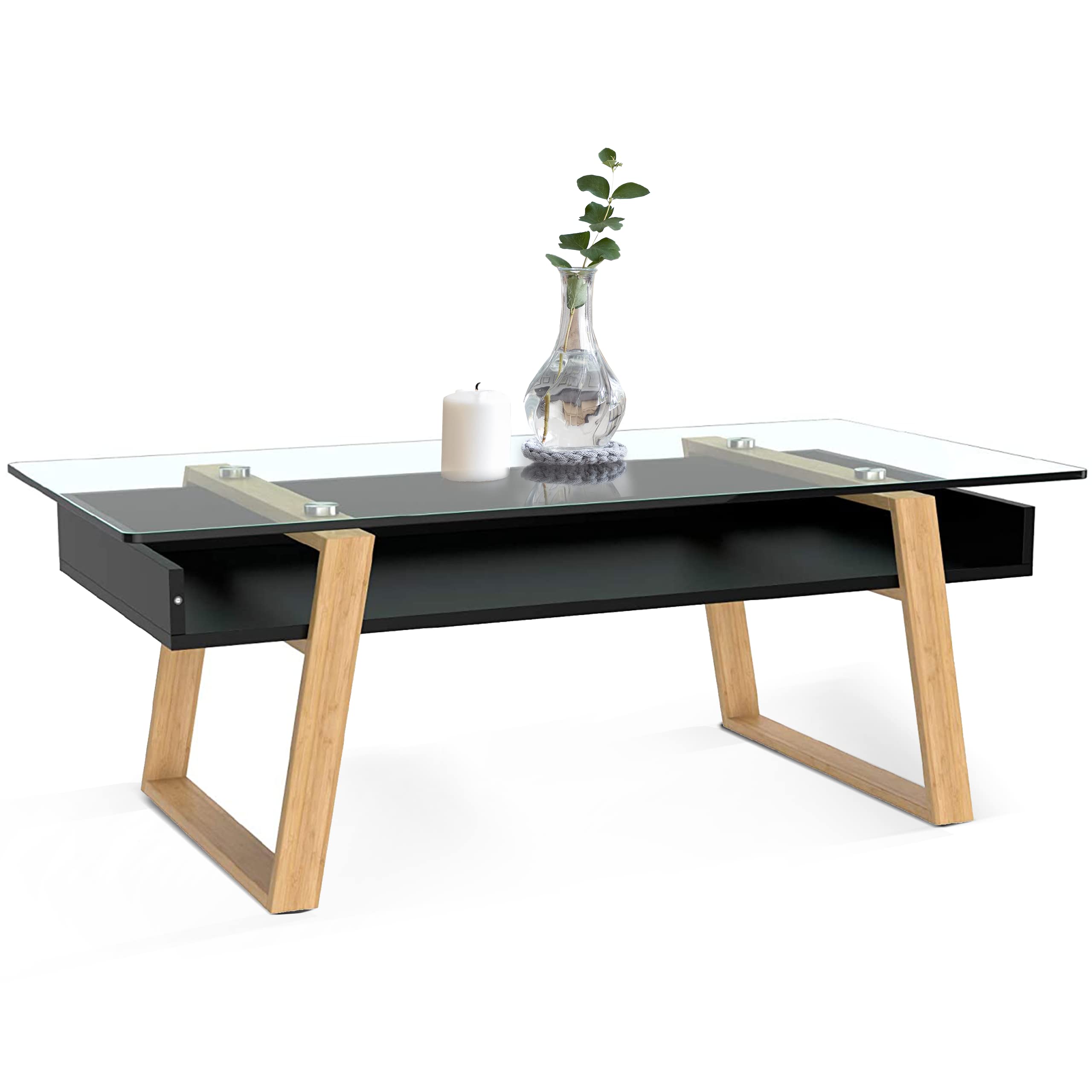 bonVIVO Modern Glass Coffee Table with Tempered Top - Elegant Living Room Centerpiece, Black Contemporary Design for Home & Office Decor | Perfect for Lounge Areas, Reception Spaces & Gift Occasions