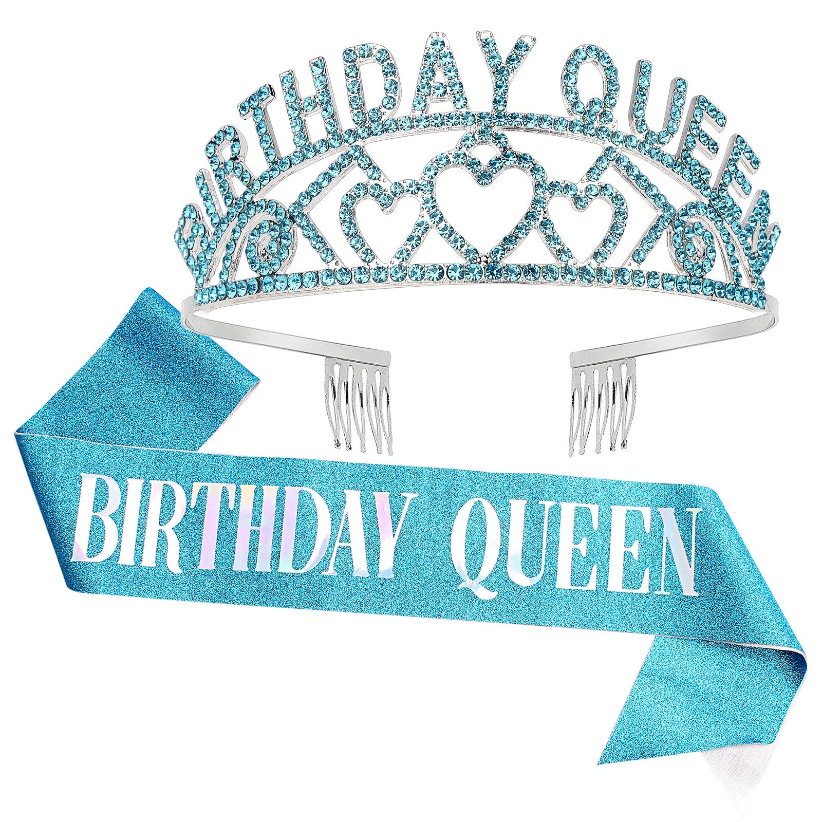 CAVETEE Blue Birthday Queen Rhinestone Tiara & Sash Set - Sparkling Birthday Party Crown & Decorations for Women | Perfect for Birthday Celebrations, Bachelorette Parties & Special Occasions