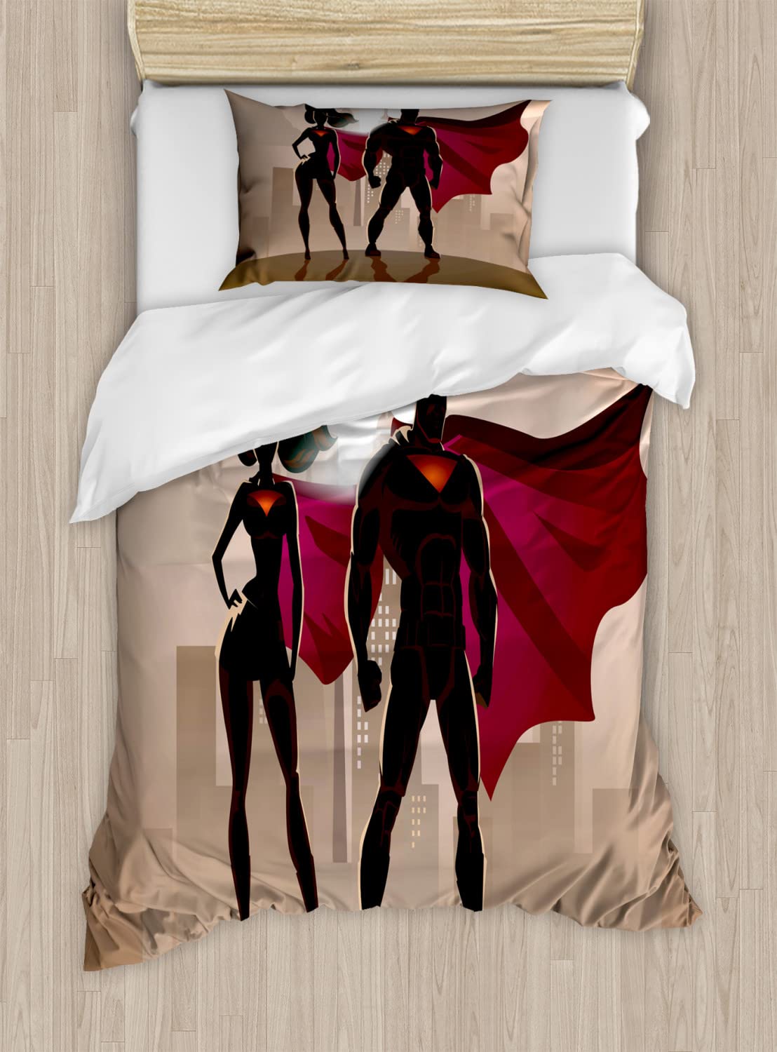 Ambesonne Superhero Duvet Cover Set - Superwoman & Superman Crime-Fighting Couple in Cityscape Design, 2-Pack California King Size Bedding Set with 4 Pillowcases (Beige/Brown) - Perfect for Comic Book Lovers' Bedrooms & Superhero Themed Decor