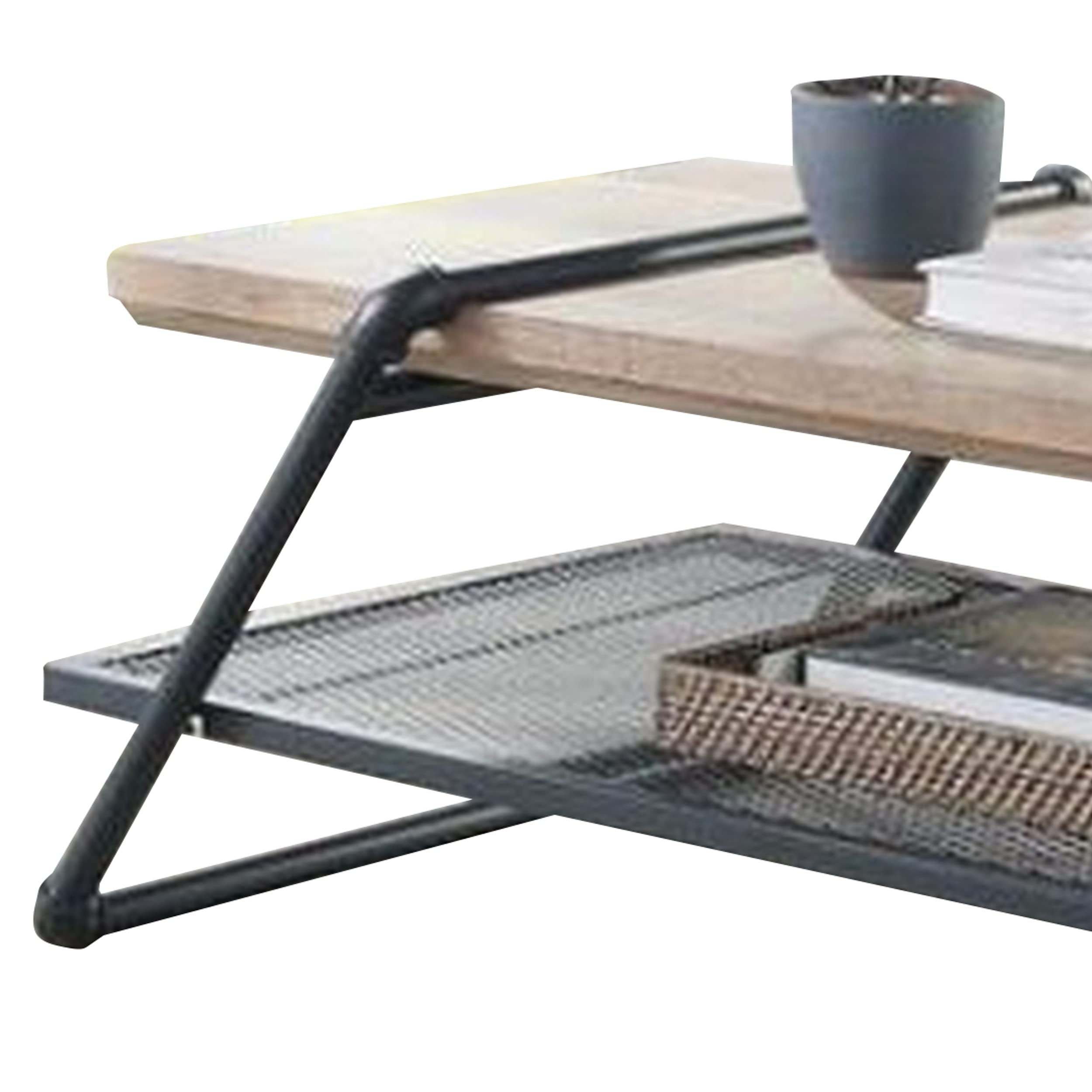 Benjara Modern Coffee Table with Wooden Top & Metal Mesh Shelf - Brown & Black Finish for Living Room, Lounge, or Office Decor
