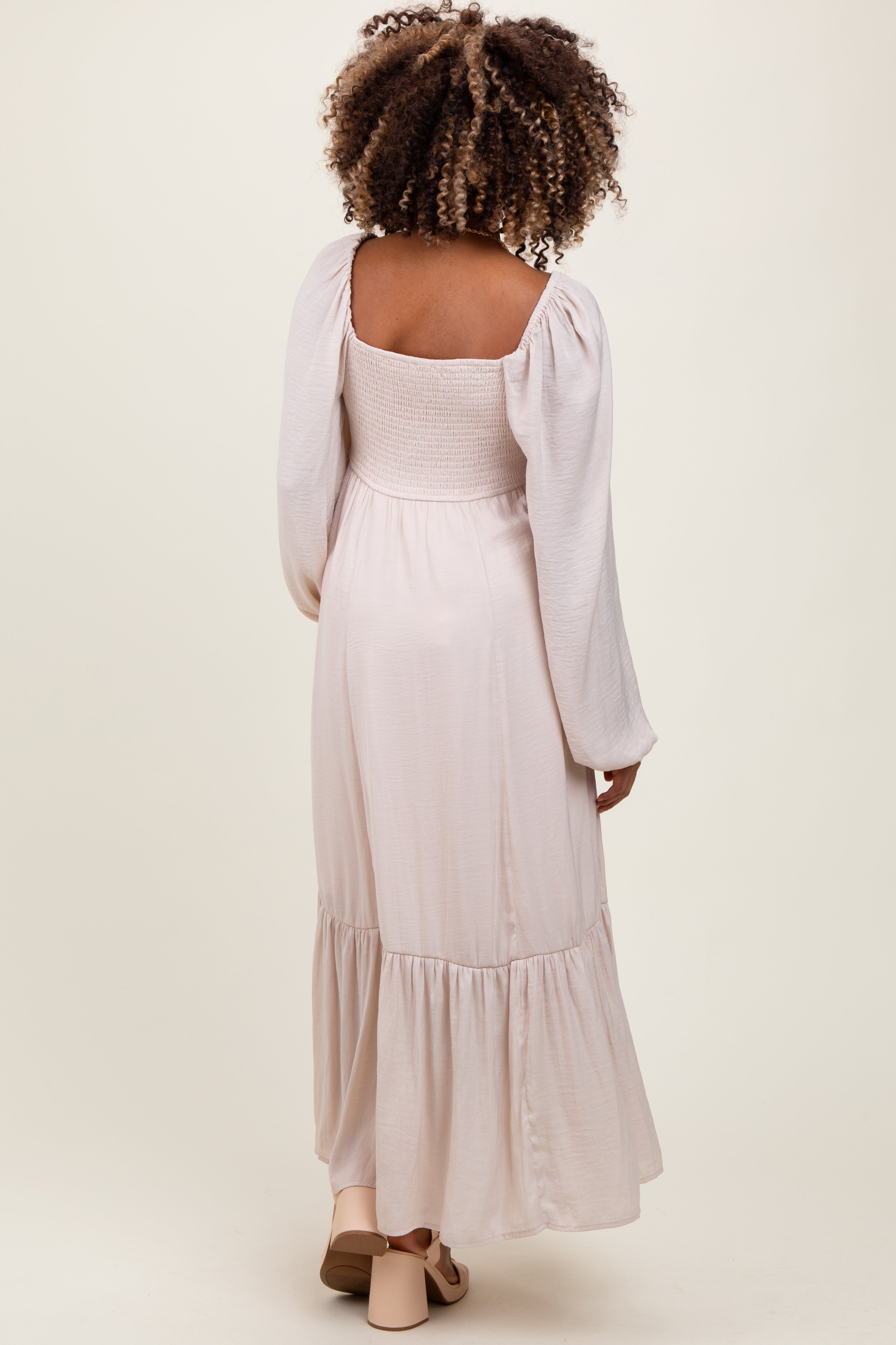 Elegant Beige Bow Satin Maternity Maxi Dress for Pregnancy Photos, Baby Showers & Special Occasions