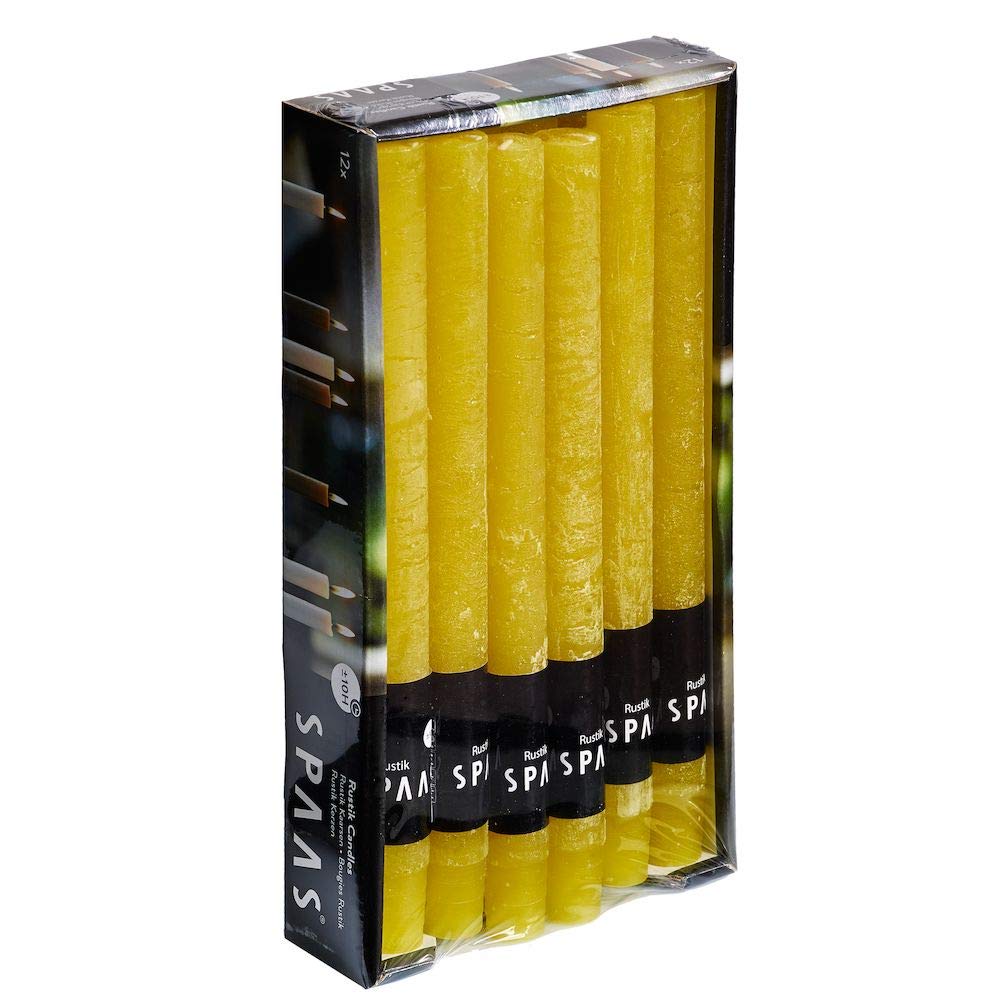 12 x 12 Unscented Rustic Household Candles - 21mm x 250mm Paraffin Wax Pillars in Warm Autumn Yellow | Perfect for Fall Decor, Wedding Centerpieces, Cozy Home Ambiance & Holiday Lighting