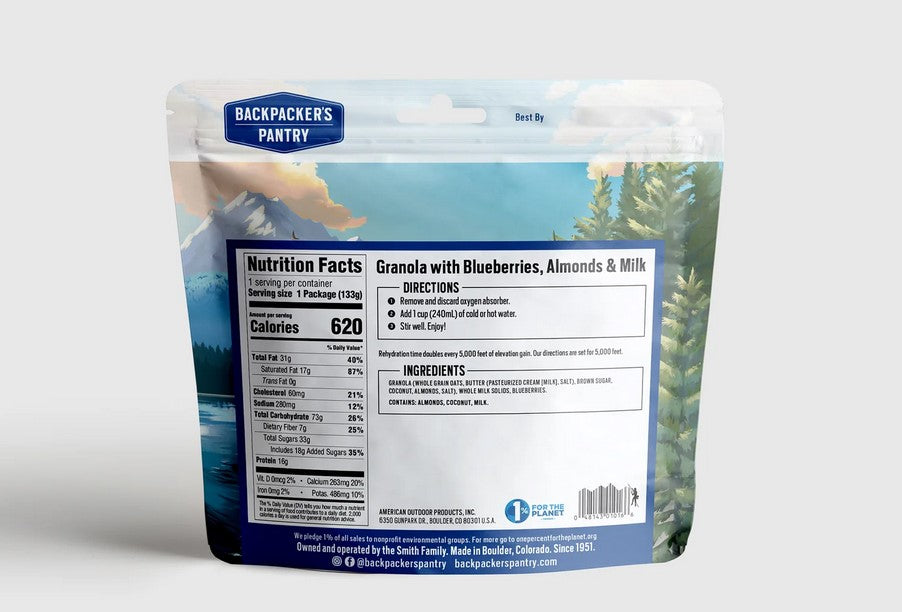 Backpacker's Pantry Granola with Blueberries, Almonds & Milk - Single Serving Lightweight Camping & Hiking Breakfast - Perfect for Backpacking, Travel & Outdoor Adventures