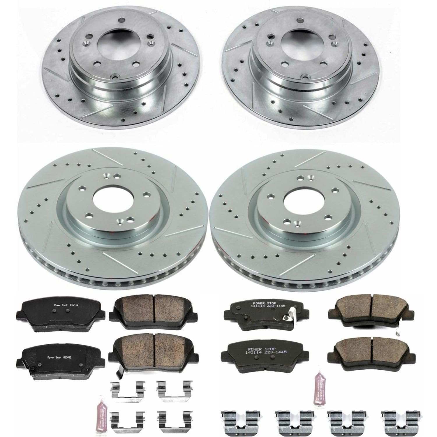 Power Stop K6765 Z23 Carbon Fiber Brake Pads & Drilled Slotted Rotors Kit for Hyundai Azera 2012-2017 - Front & Rear Set | High-Performance Braking for Daily Commute & Highway Driving