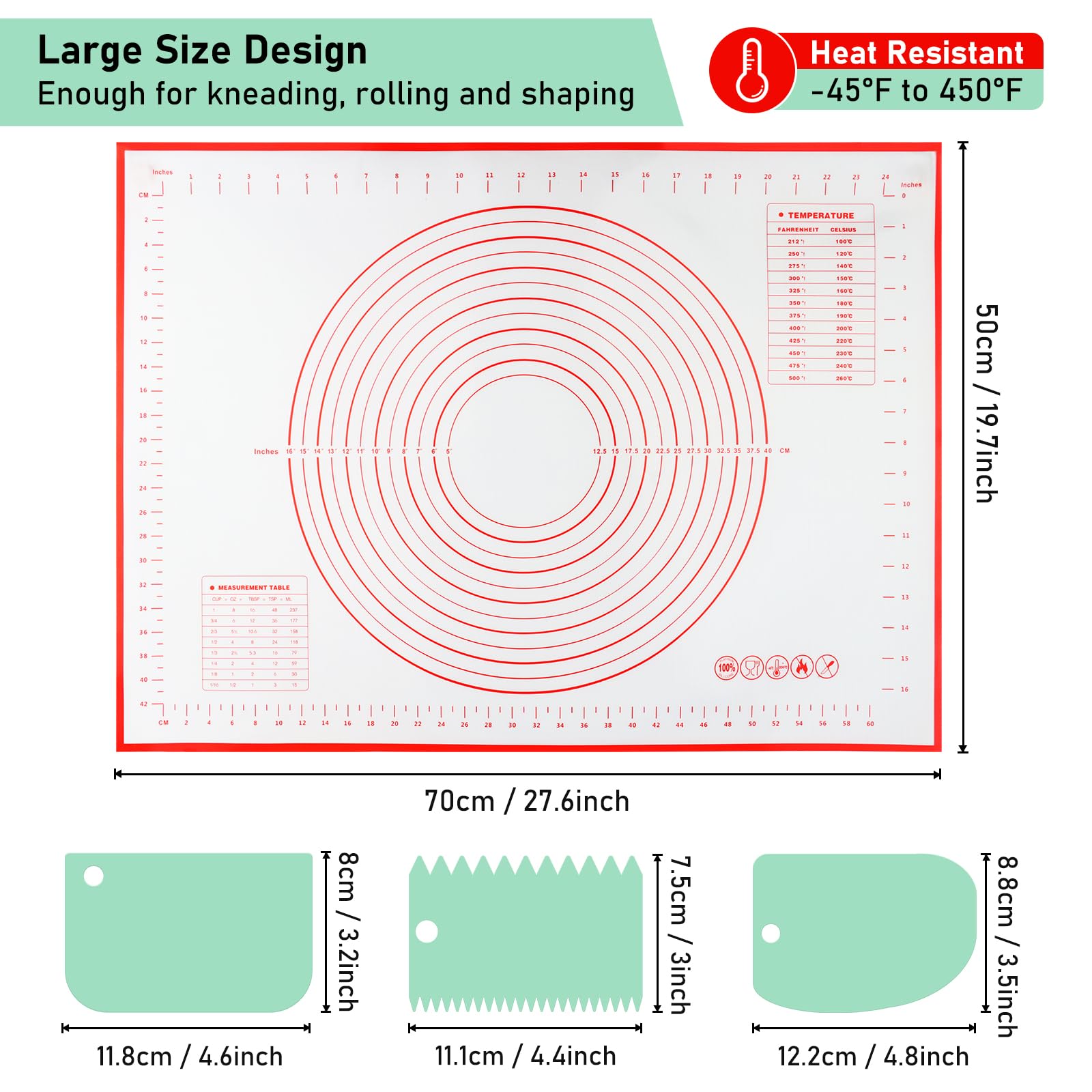 VFANDV 50x70cm Non-Slip Silicone Dough Rolling Mat - Reusable Kitchen Baking Mat for Cookies, Pizza, Pastry - Perfect for Home Baking & Cooking (Green)