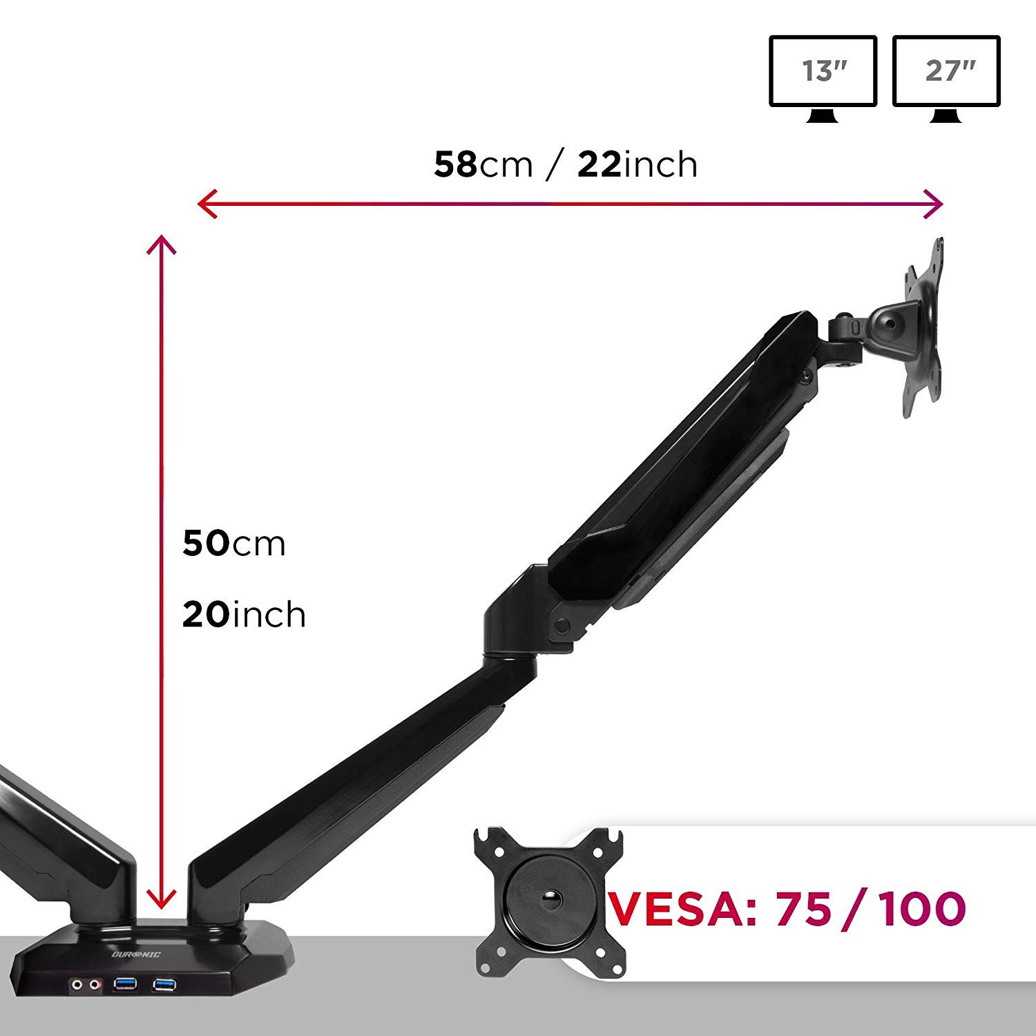 Dual Monitor Stand for 13-27 Inch Screens | Duronic DMUSB52 Adjustable Gas Spring Monitor Arm with VESA 75x100 | Ergonomic Dual Screen Mount for Home Office & Gaming Setup