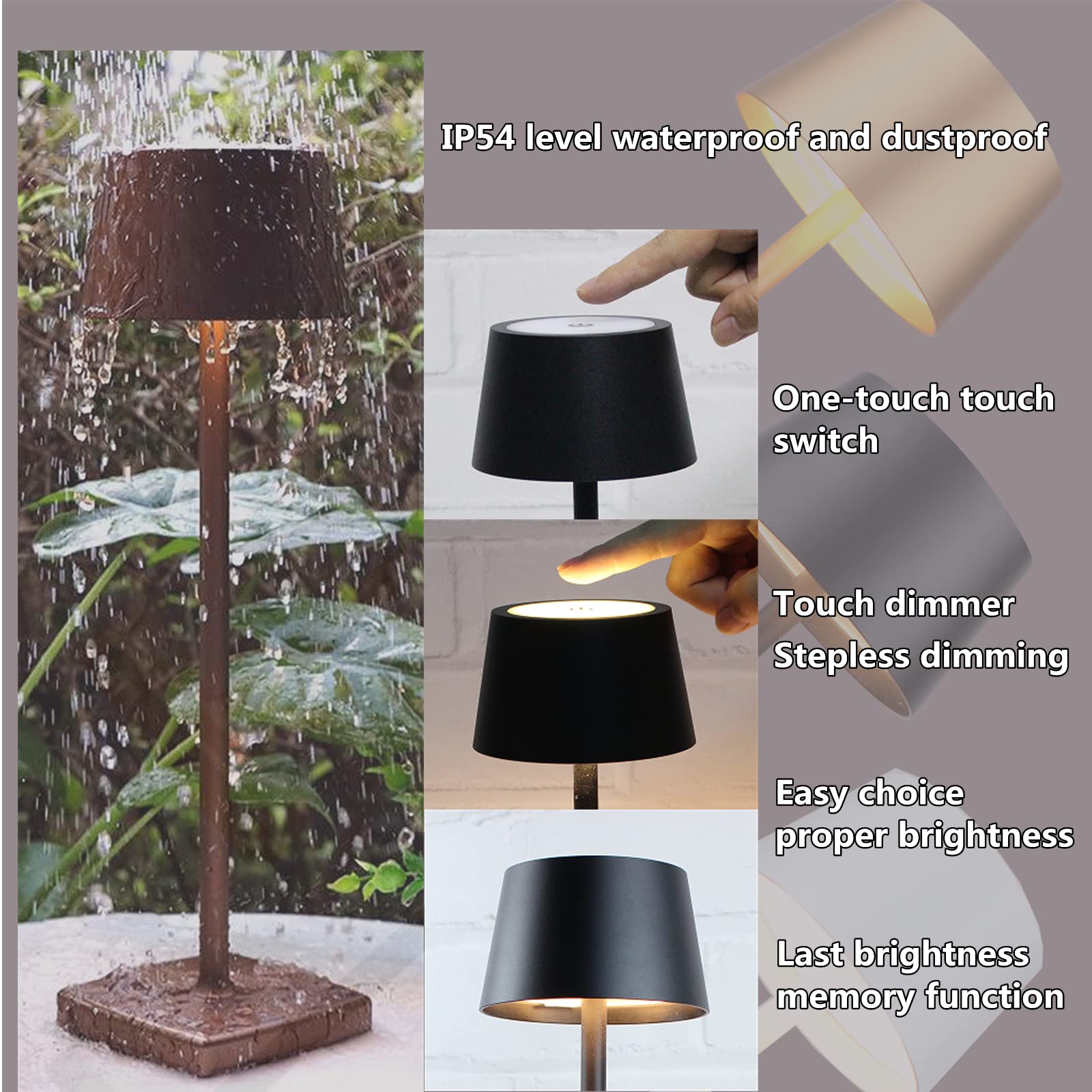 Rechargeable LED Cordless Table Lamp - Dimmable Aluminum Desk Light with Base Contact Charging, Black | Perfect for Bedroom, Office & Outdoor Lighting