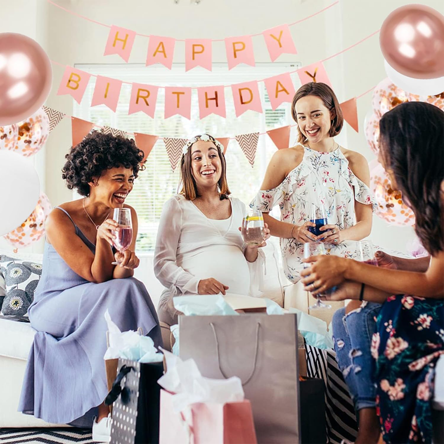 Rose Gold Happy Birthday Banner & Bunting Set - 12 Inch Balloons, Ribbons & Party Decorations for Women | Perfect for Birthday Parties, Baby Showers & Anniversary Celebrations