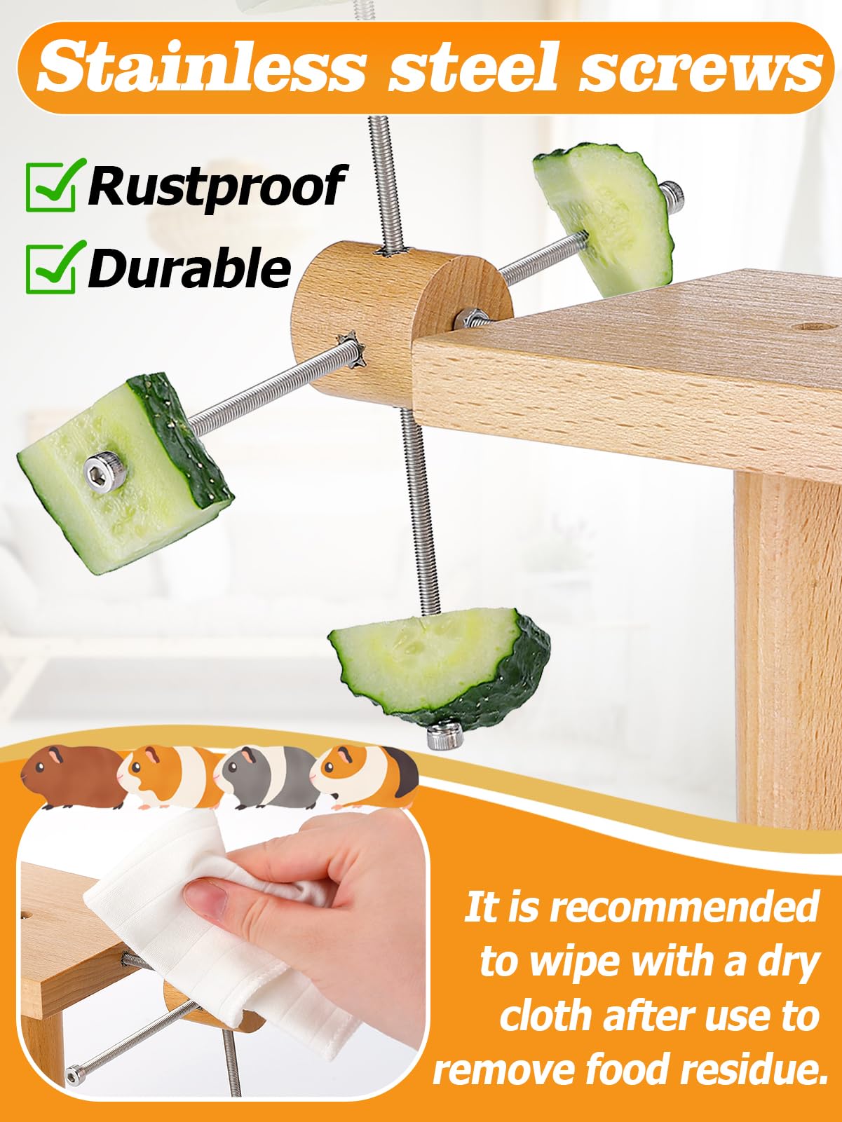 MEWTOGO Guinea Pig Toys - Adjustable Stainless Steel Rabbit Foraging Feeder with Wooden Chew Toys | Interactive Small Animal Enrichment for Chinchillas, Hamsters, Rabbits | Perfect for Cage Entertainment & Natural Chewing Instincts