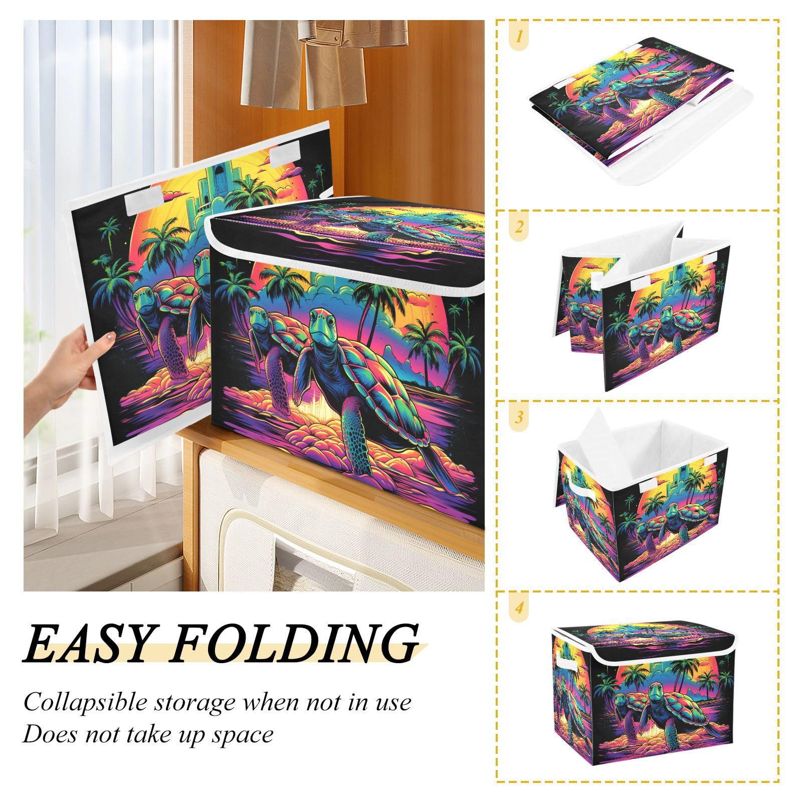 Collapsible Storage Bins with Lids - Turtle Pattern Organizing Baskets for Clothes & Home