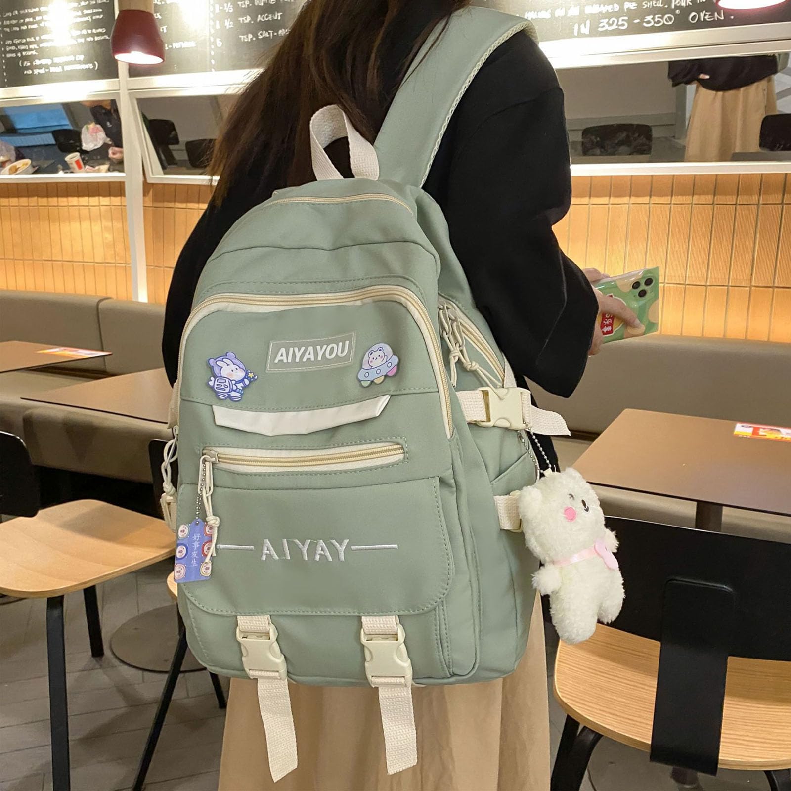 Cute Kawaii Backpack for School with Accessories - Green Aesthetic School Supply
