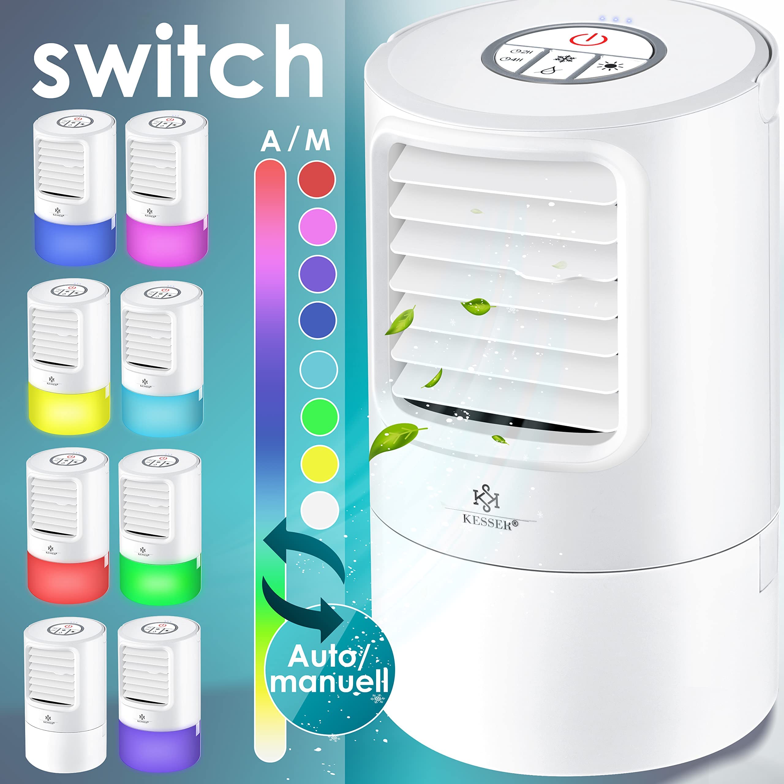 KESSER® Portable 4-in-1 Mini Air Conditioner with LED Lights, Fan, Water Tank & Timer - 3 Speed Levels, Ionizer Humidifier, Compact Personal Cooler (White) - Perfect for Bedroom, Office & Small Spaces