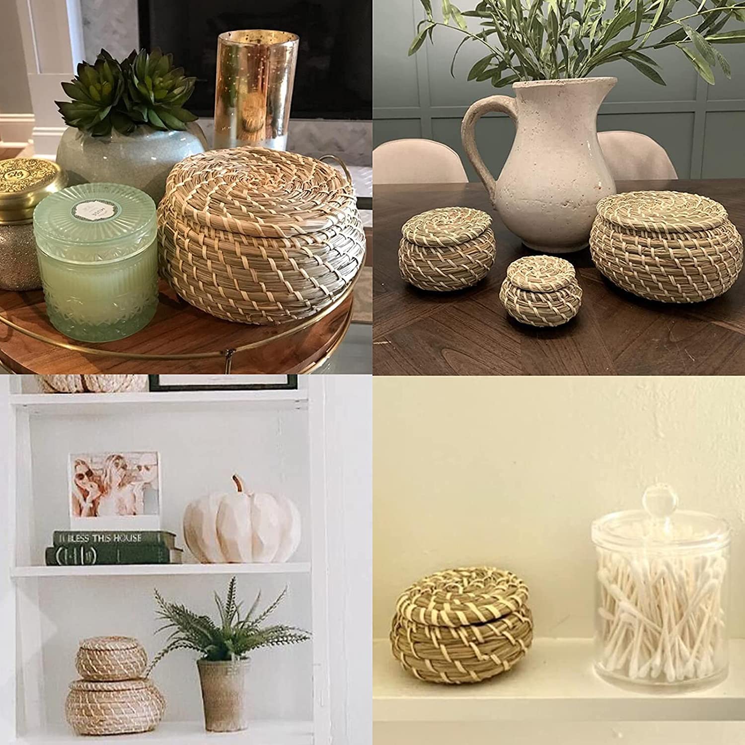 Dicunoy Set of 3 Small Wicker Baskets with Lid - Round Woven Seagrass Storage Baskets, Handmade Rattan Organizer for Home Decor, Bathroom, Shelf & Vanity | Perfect for Jewelry, Cotton Balls & Small Essentials
