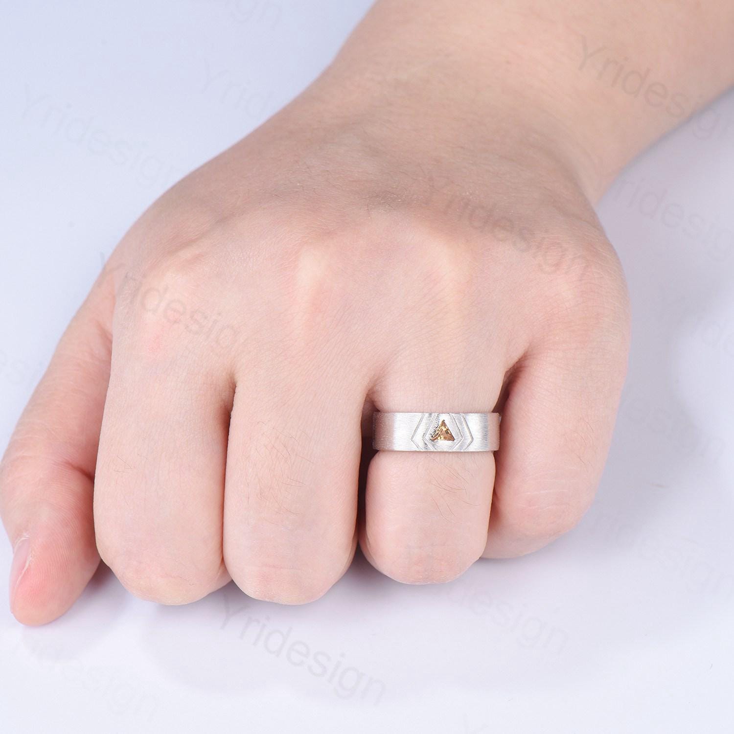 6mm Men's Citrine Wedding Ring - Trillion Cut Solitaire Band in Brushed Silver or White Gold - Unique Anniversary Gift for Him - Perfect for Engagements, Weddings & Special Occasions